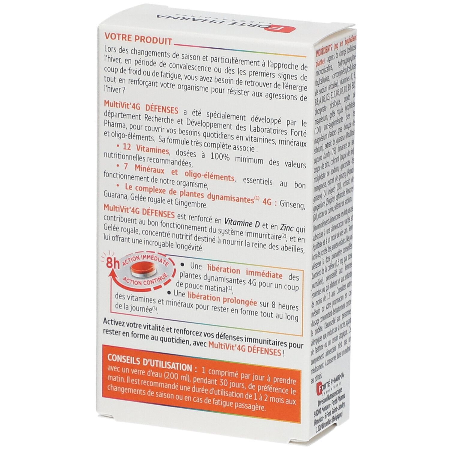 Dos de la boîte de Forté Pharma MultiVit'4G Défenses. Contient des informations sur l'utilisation et les ingrédients.