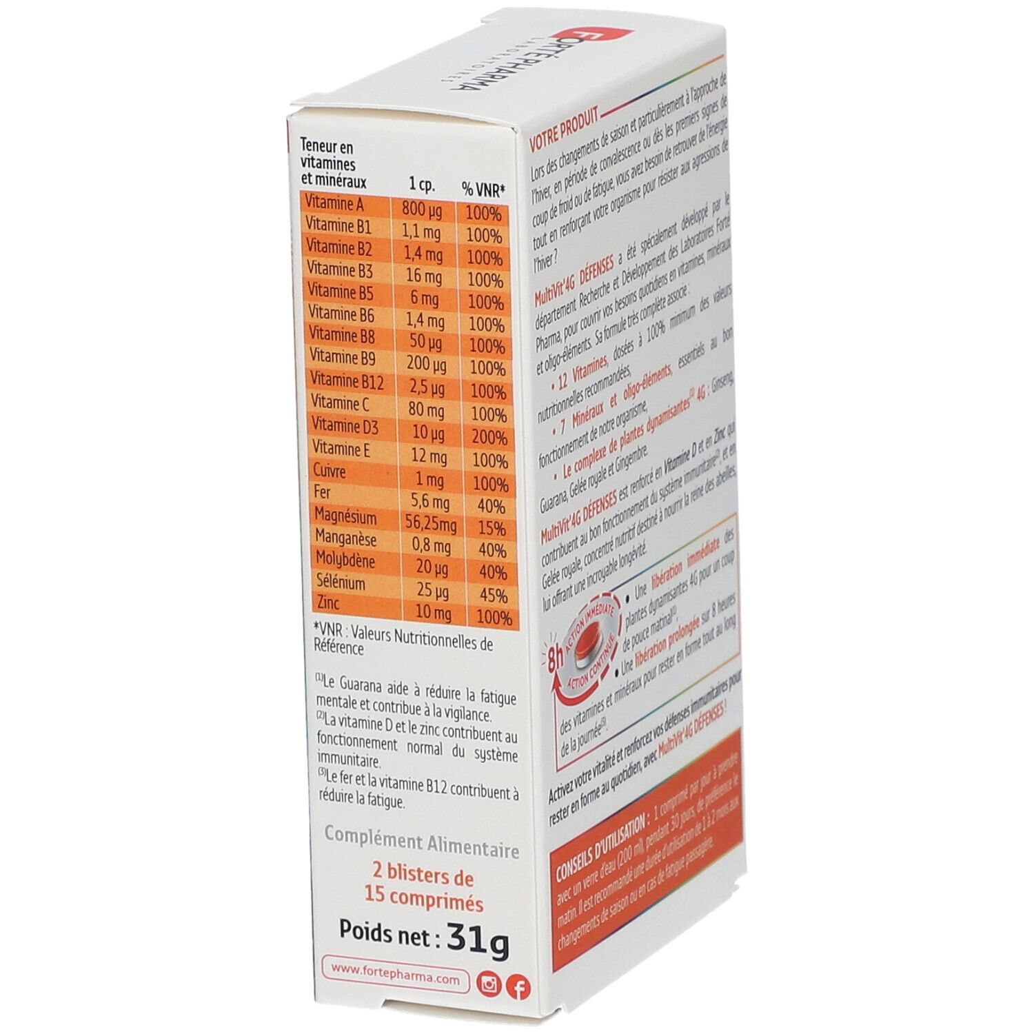 Boîte de Forté Pharma MultiVit'4G Défenses. Contient des informations nutritionnelles et des ingrédients. 2 blisters de 15 comprimés.