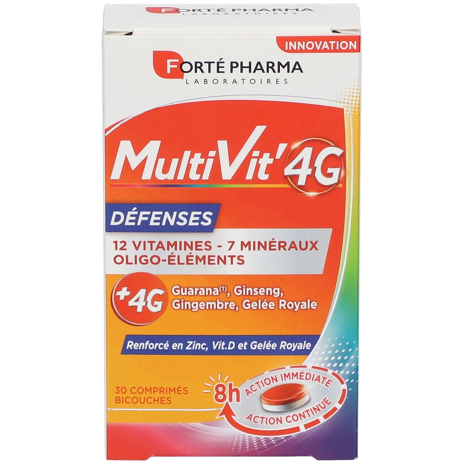 Boîte de Forté Pharma MultiVit'4G Défenses. Contient 30 comprimés. Inscription: 12 vitamines, 7 minéraux, +4G.