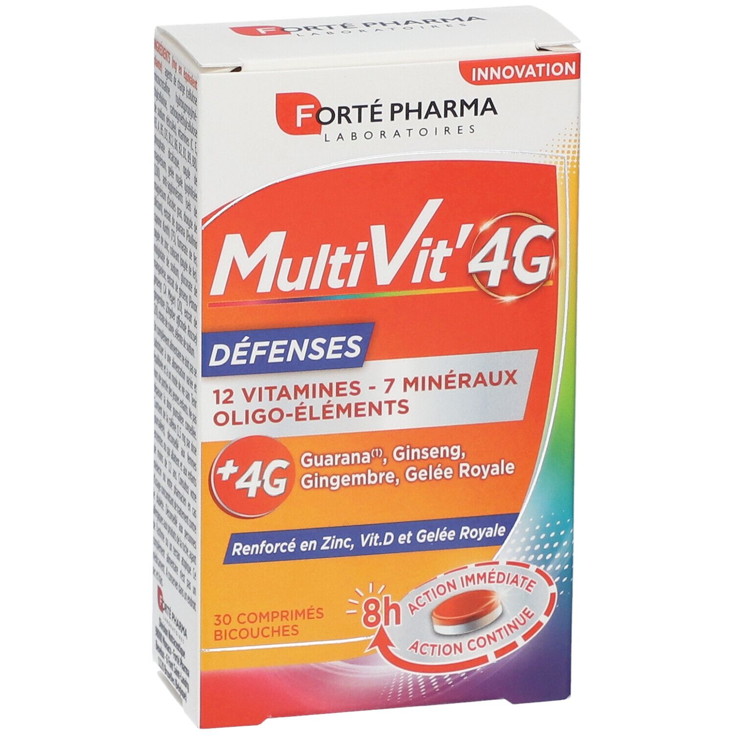 Boîte de Forté Pharma MultiVit'4G Défenses. Contient 30 comprimés. Inscription: 12 vitamines, 7 minéraux, +4G.