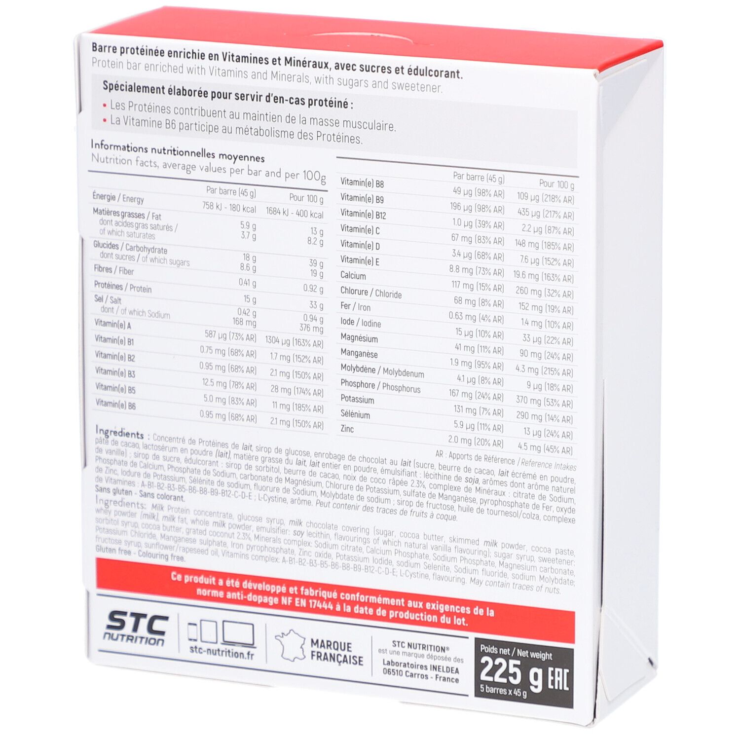 Dos de la boîte. Contient informations nutritionnelles, liste des ingrédients et informations sur la marque. Couvercle rouge.