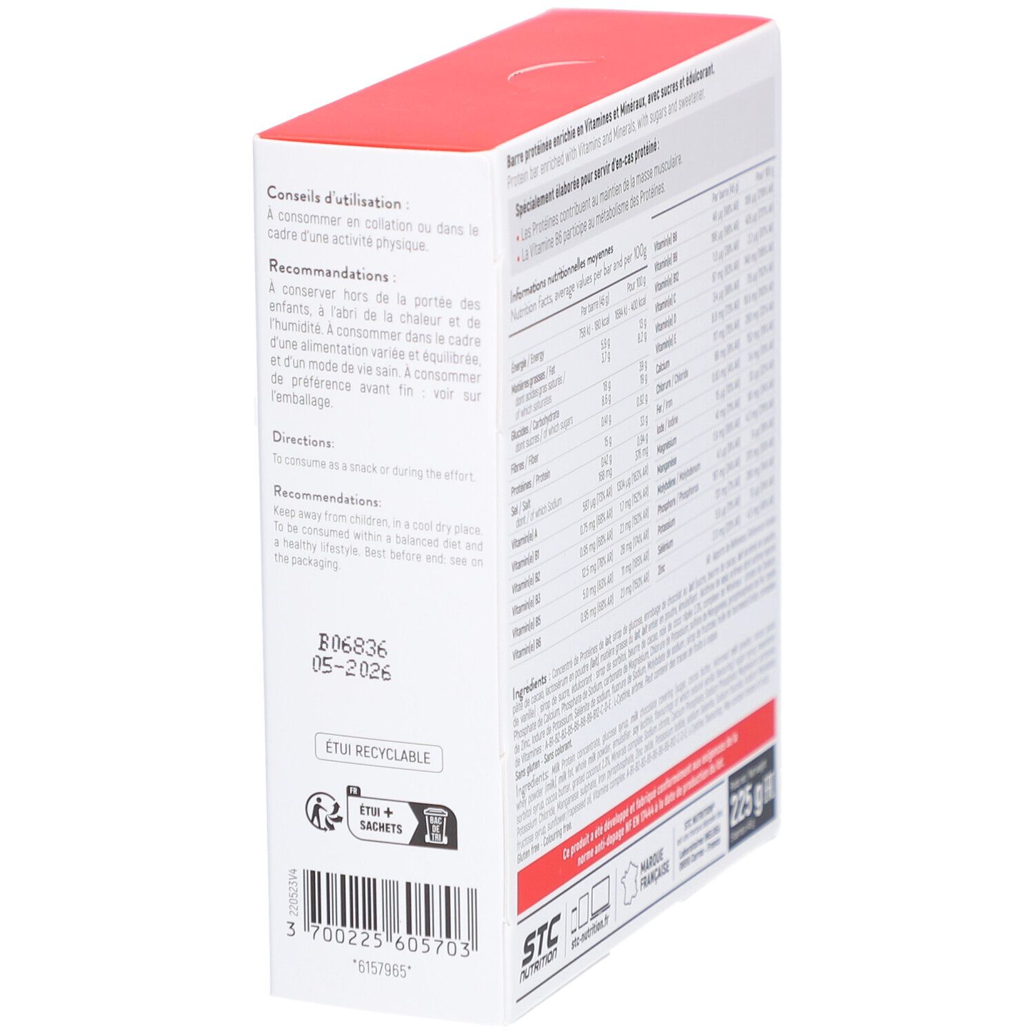 Côté de la boîte avec informations d'utilisation, recommandations et ingrédients. Couvercle rouge.