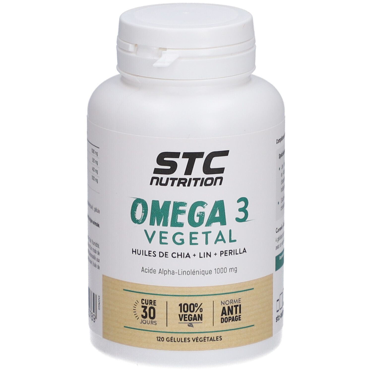 Flacon blanc STC Nutrition Omega 3 Vegetal. 120 gélules. Vegan, anti-dopage. Chia, lin, perilla. Acide Alpha-Linolénique.