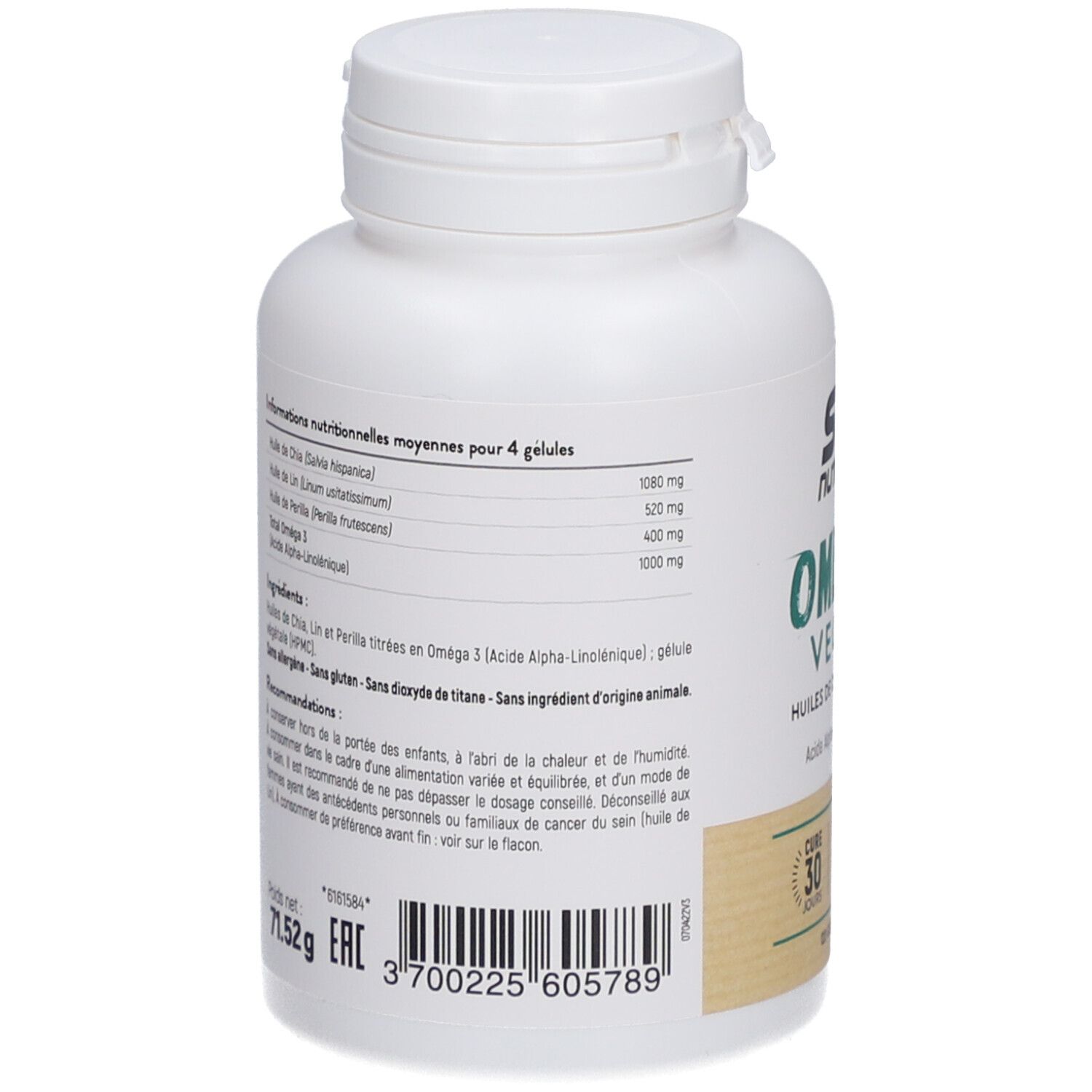 Dos du flacon STC Nutrition Omega 3 Vegetal. Chia, lin, perilla. Vegan. 120 gélules. Informations nutritionnelles.