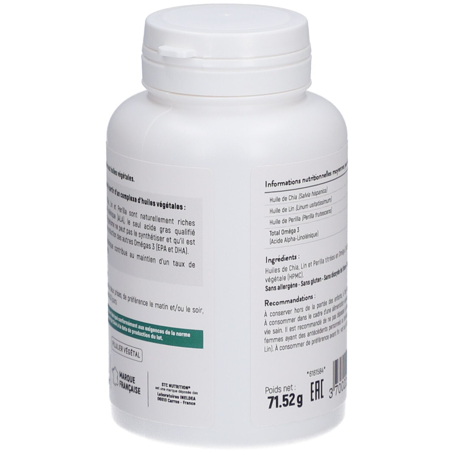 Dos du flacon STC Nutrition Omega 3 Vegetal. Chia, lin, perilla. Vegan. 120 gélules. Ingrédients et recommandations.
