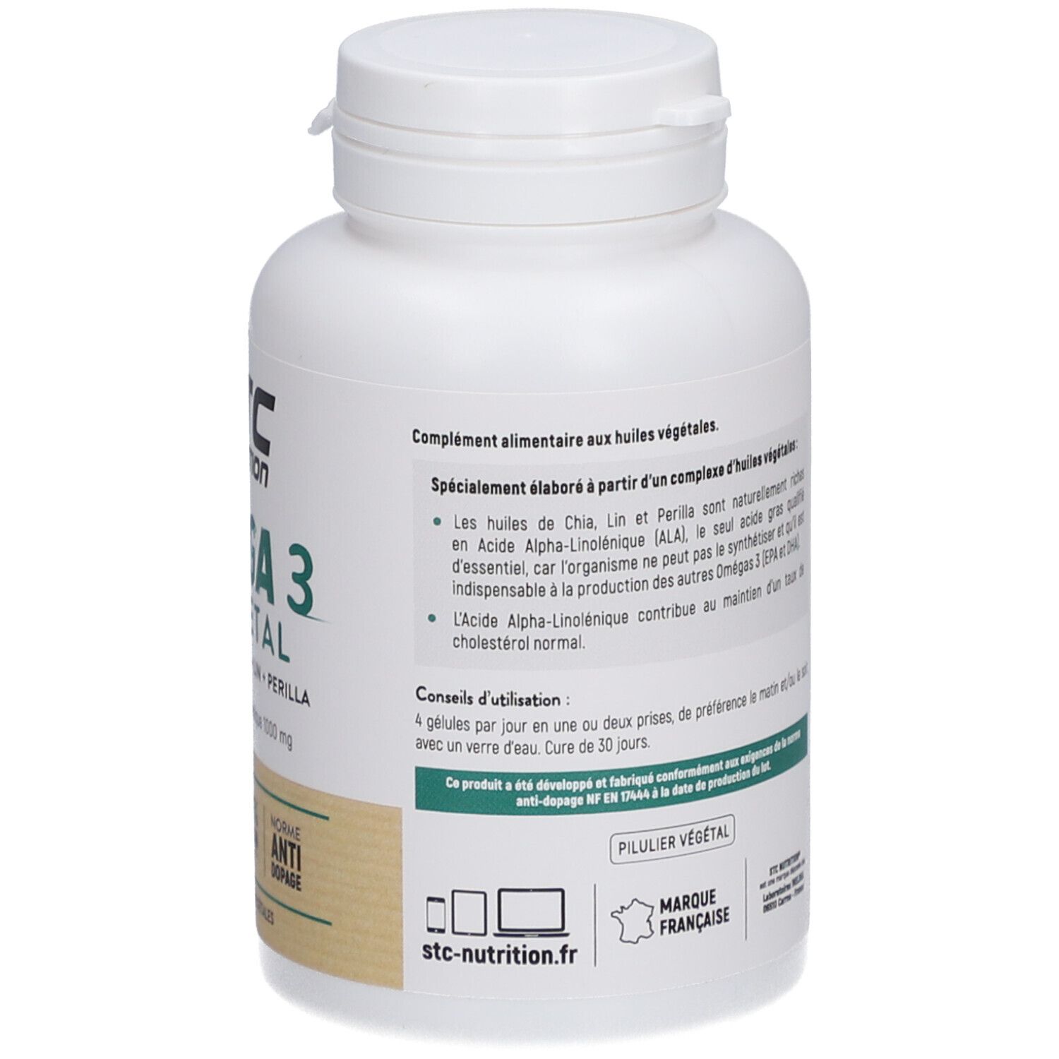 Dos du flacon STC Nutrition Omega 3 Vegetal. Chia, lin, perilla. Vegan. 120 gélules. Conseils d'utilisation.