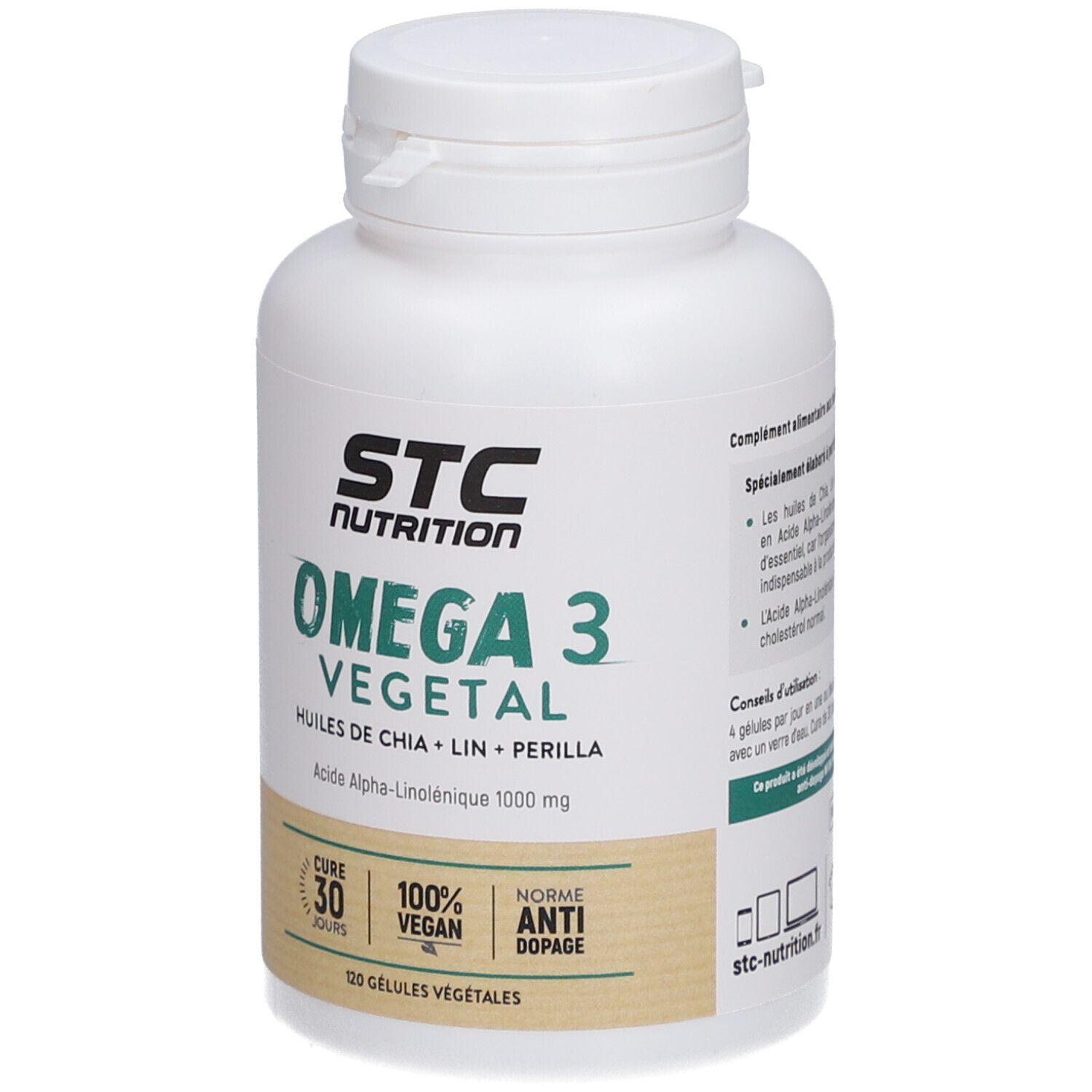 Flacon STC Nutrition Omega 3 Vegetal. 120 gélules. Vegan, anti-dopage. Chia, lin, perilla. Acide Alpha-Linolénique.