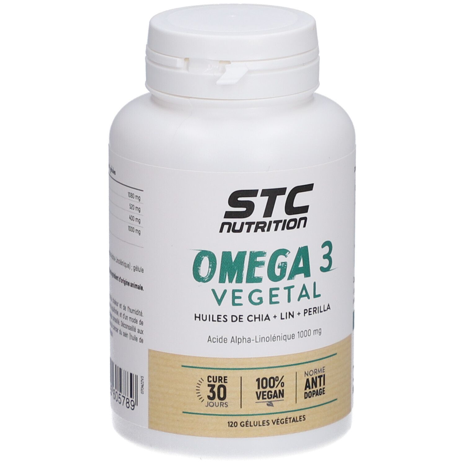 Flacon STC Nutrition Omega 3 Vegetal. 120 gélules. Vegan, anti-dopage. Chia, lin, perilla. Acide Alpha-Linolénique.