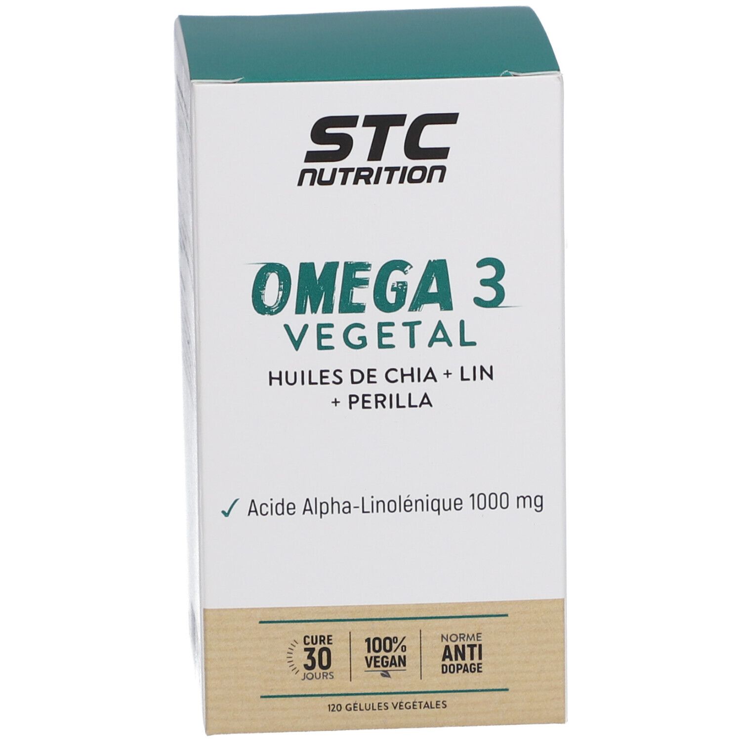 Boîte STC Nutrition Omega 3 Vegetal. 120 gélules. Vegan, anti-dopage. Chia, lin, perilla. Acide Alpha-Linolénique.