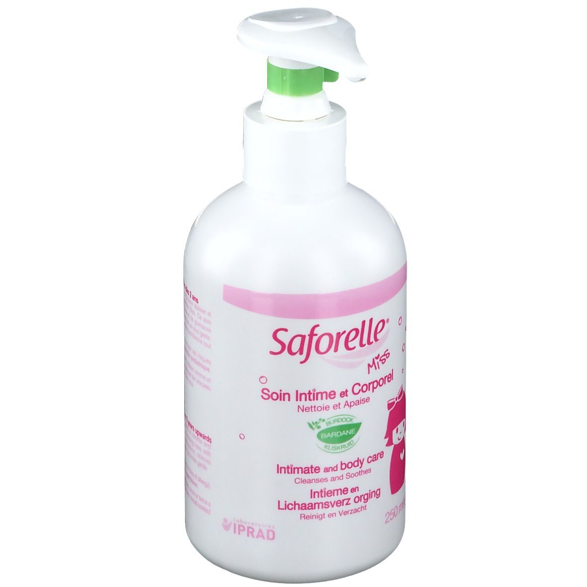 Flacon blanc avec pompe. Étiquette rose avec nom du produit et illustration. Texte : Soin intime et corporel. 250 ml.