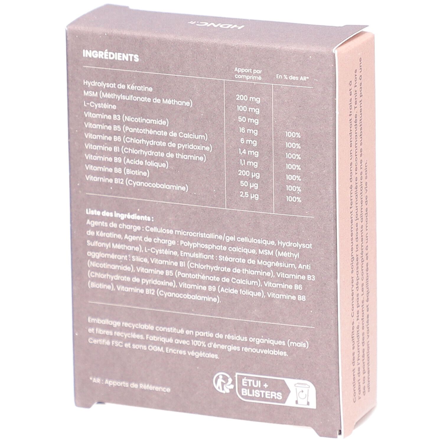 Dos de la boîte en carton avec ingrédients et informations nutritionnelles. Contient Hydrolysat de kératine, MSM, L-Cystéine, Vitamines B.