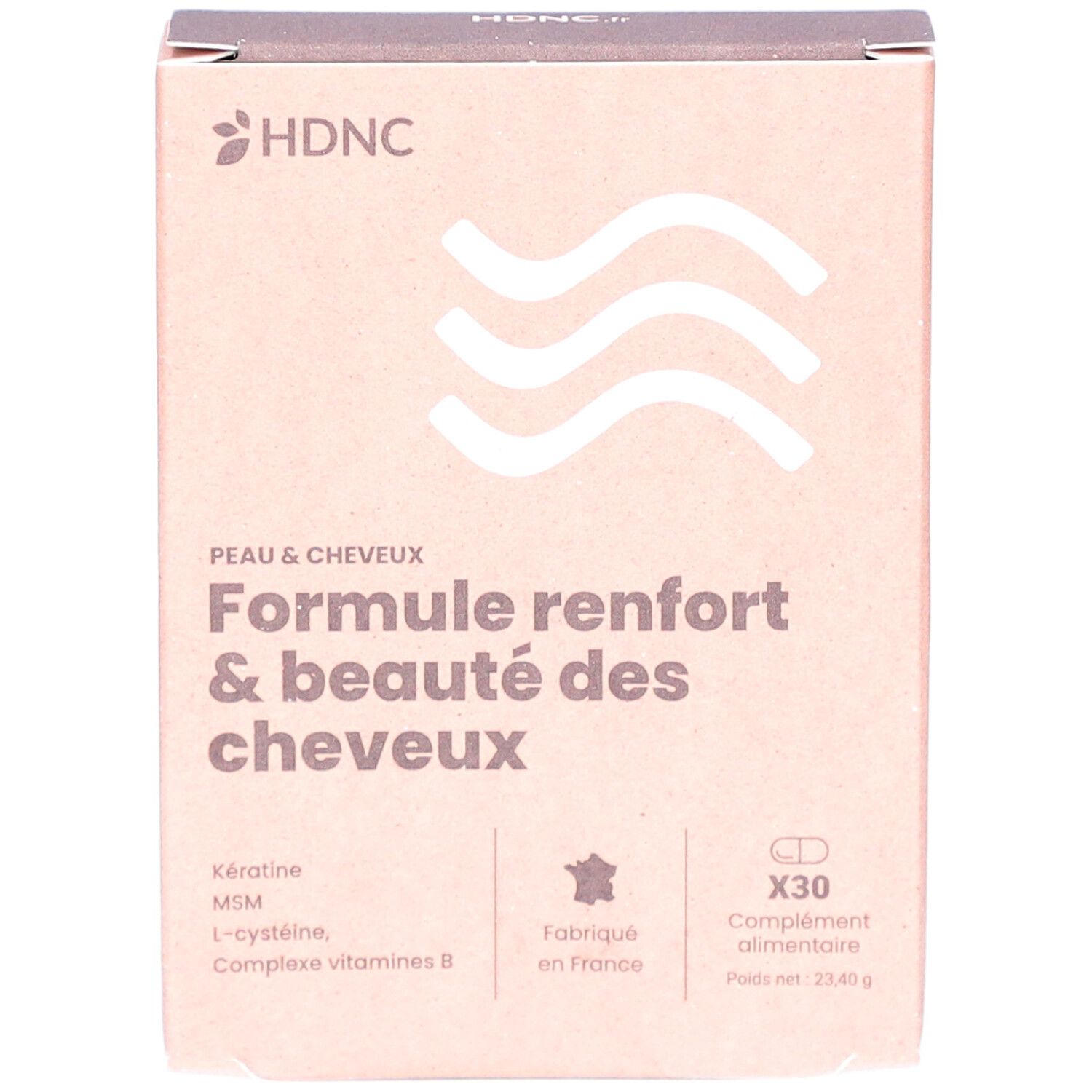 Boîte en carton HDNC. Texte: Formule renfort & beauté des cheveux. Contient 30 comprimés. Fabriqué en France.