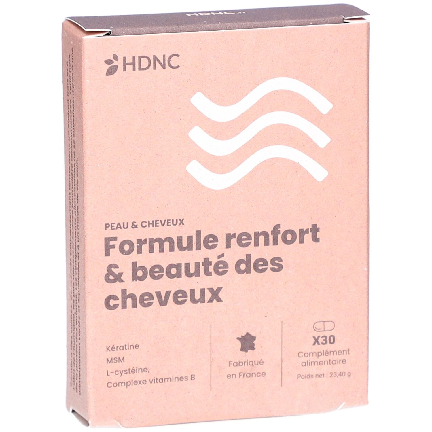 Boîte en carton HDNC. Texte: Formule renfort & beauté des cheveux. Contient 30 comprimés. Fabriqué en France.
