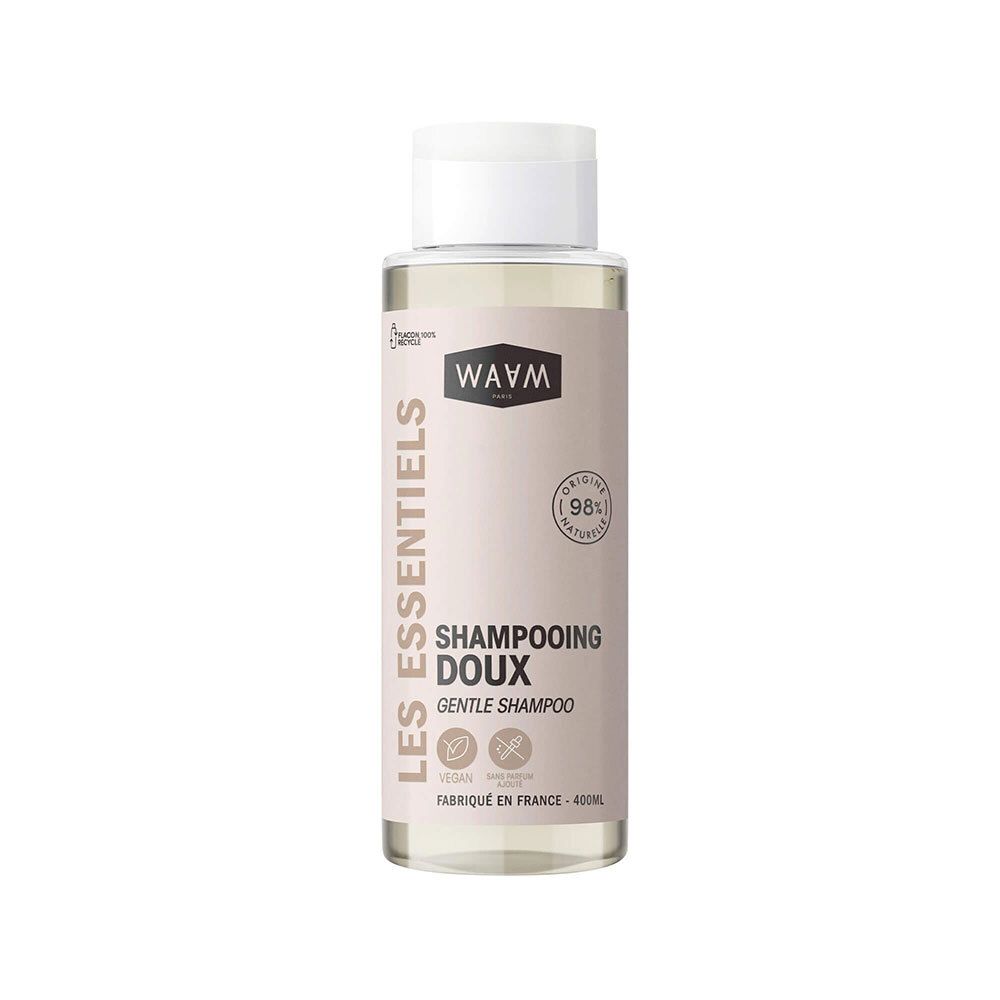Waam Shampooing Doux : Flacon de 400ml de shampooing doux, 97% d'ingrédients naturels.