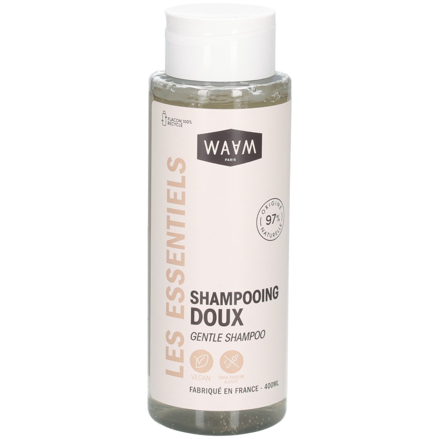 Waam Shampooing Doux : Flacon de 400ml de shampooing doux, 97% d'ingrédients naturels.