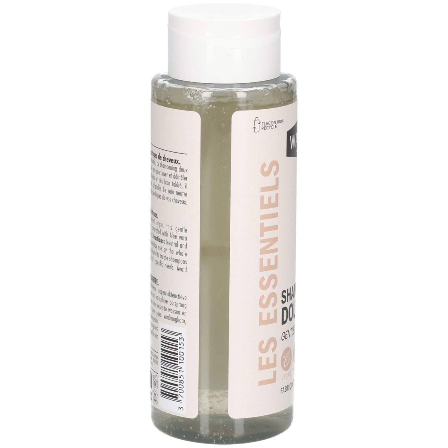 Waam Shampooing Doux : Arrière du flacon de 400ml avec ingrédients et instructions.