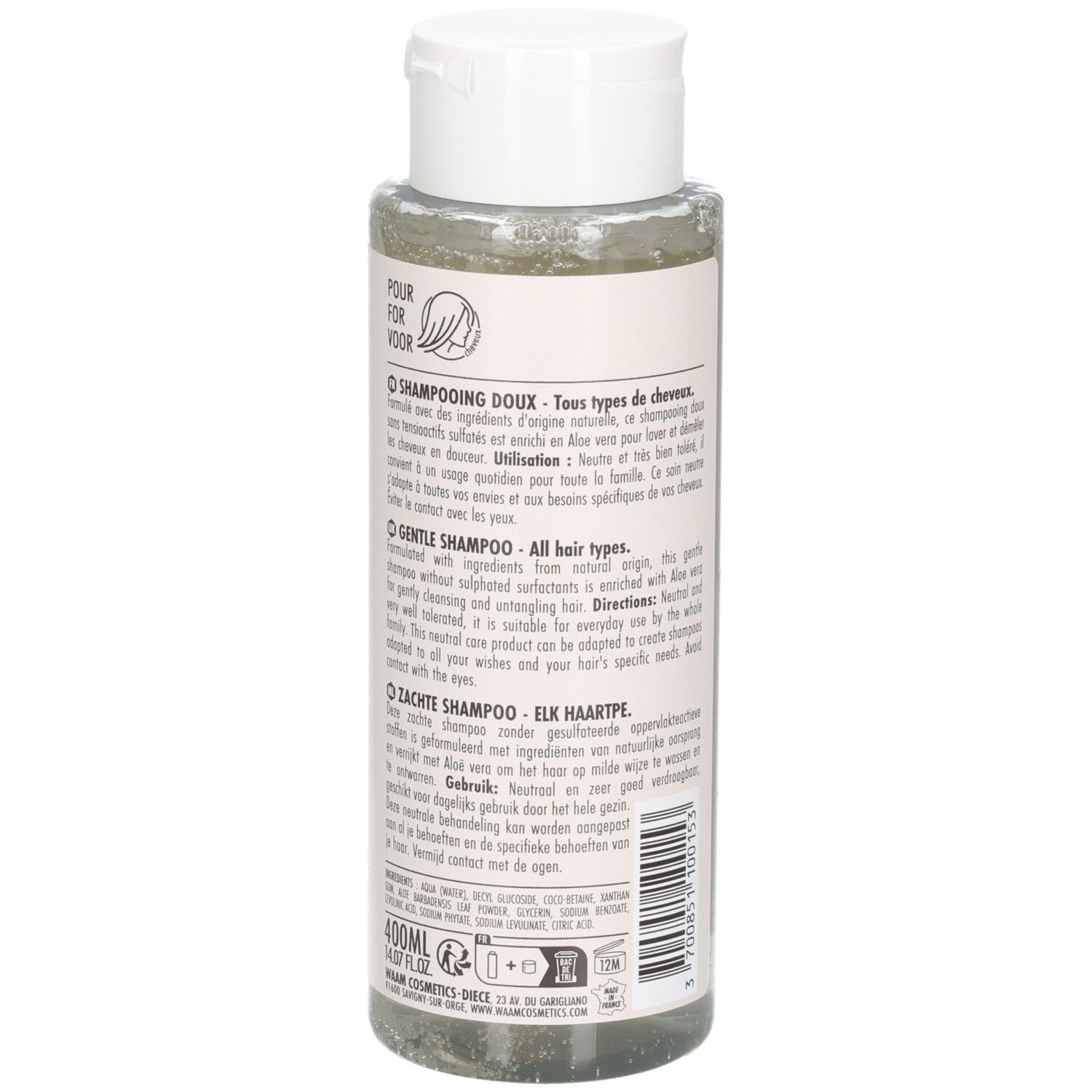 Waam Shampooing Doux : Arrière du flacon de 400ml avec ingrédients et instructions.