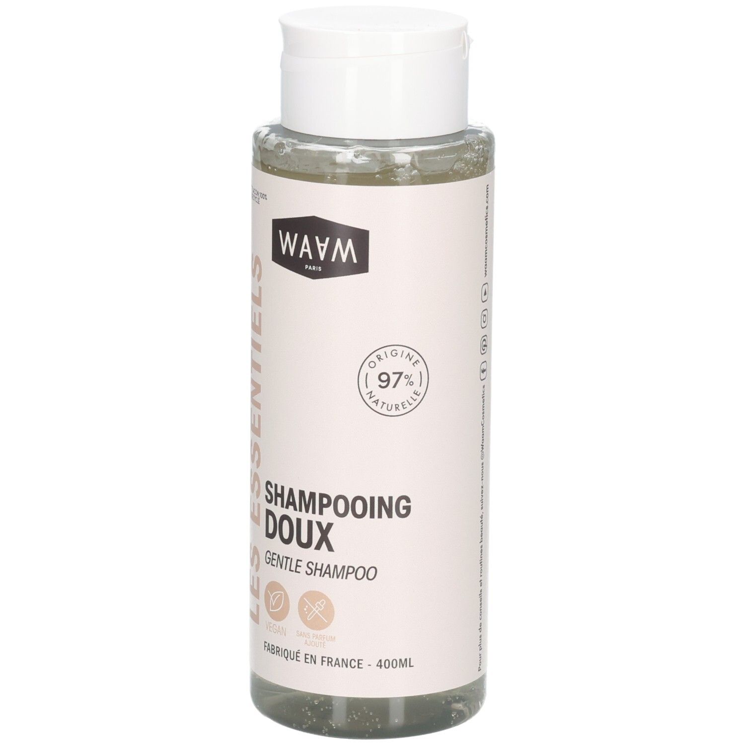 Waam Shampooing Doux : Flacon de 400ml de shampooing doux, 97% d'ingrédients naturels.
