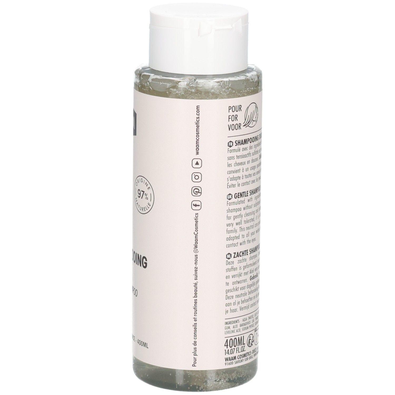 Waam Shampooing Doux : Arrière du flacon de 400ml avec ingrédients et instructions.