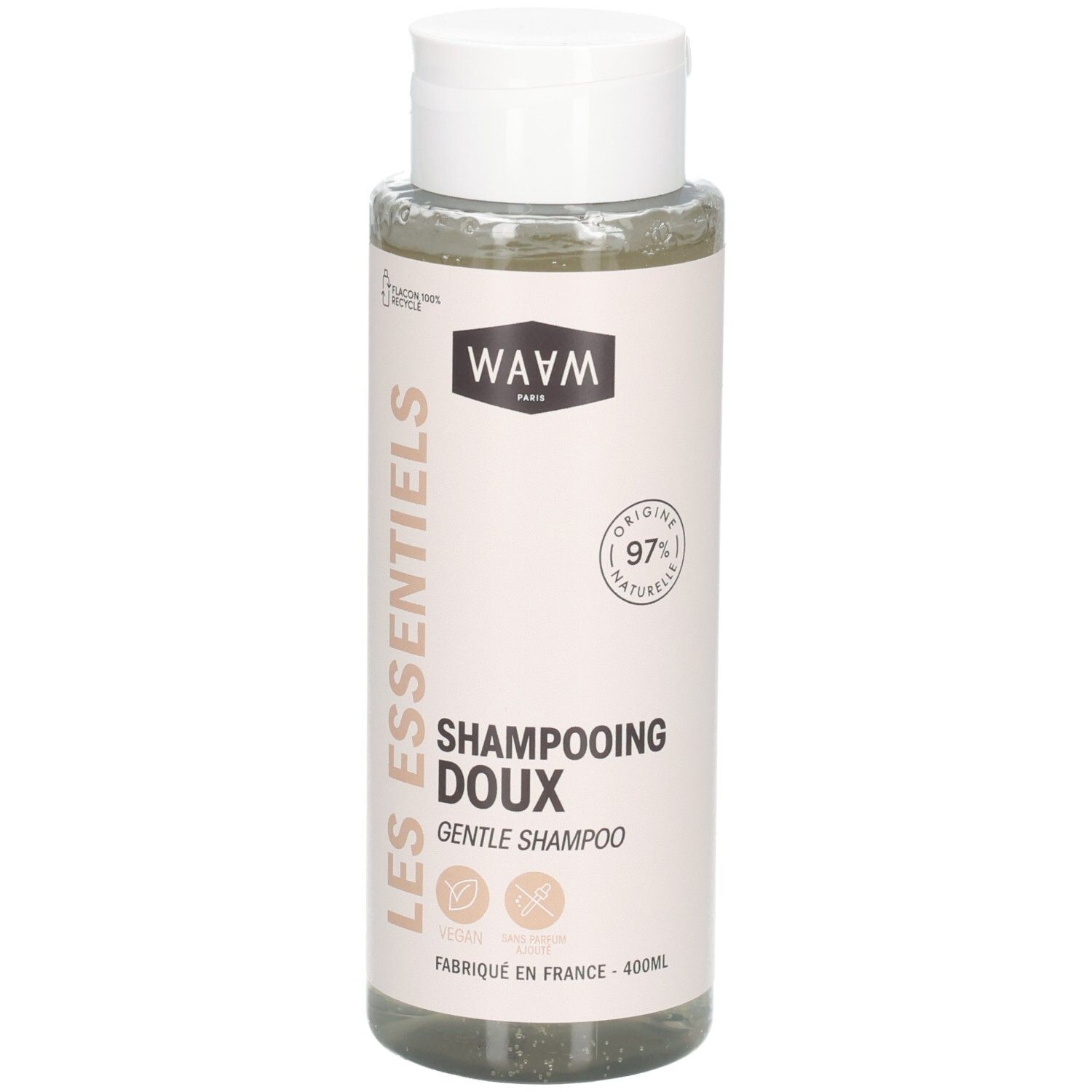 Waam Shampooing Doux : Flacon de 400ml de shampooing doux, 97% d'ingrédients naturels.