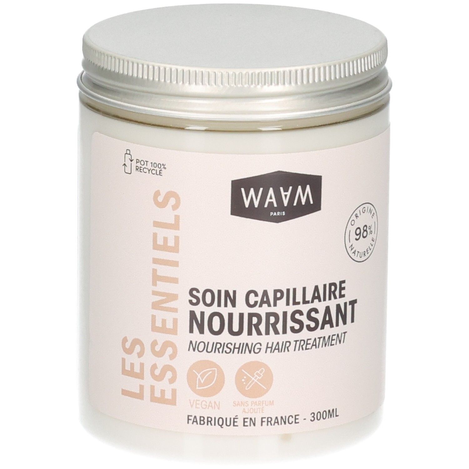 Waam Soin Capillaire Nourrissant dans un pot blanc avec couvercle argenté. Contient 98% d'ingrédients naturels.