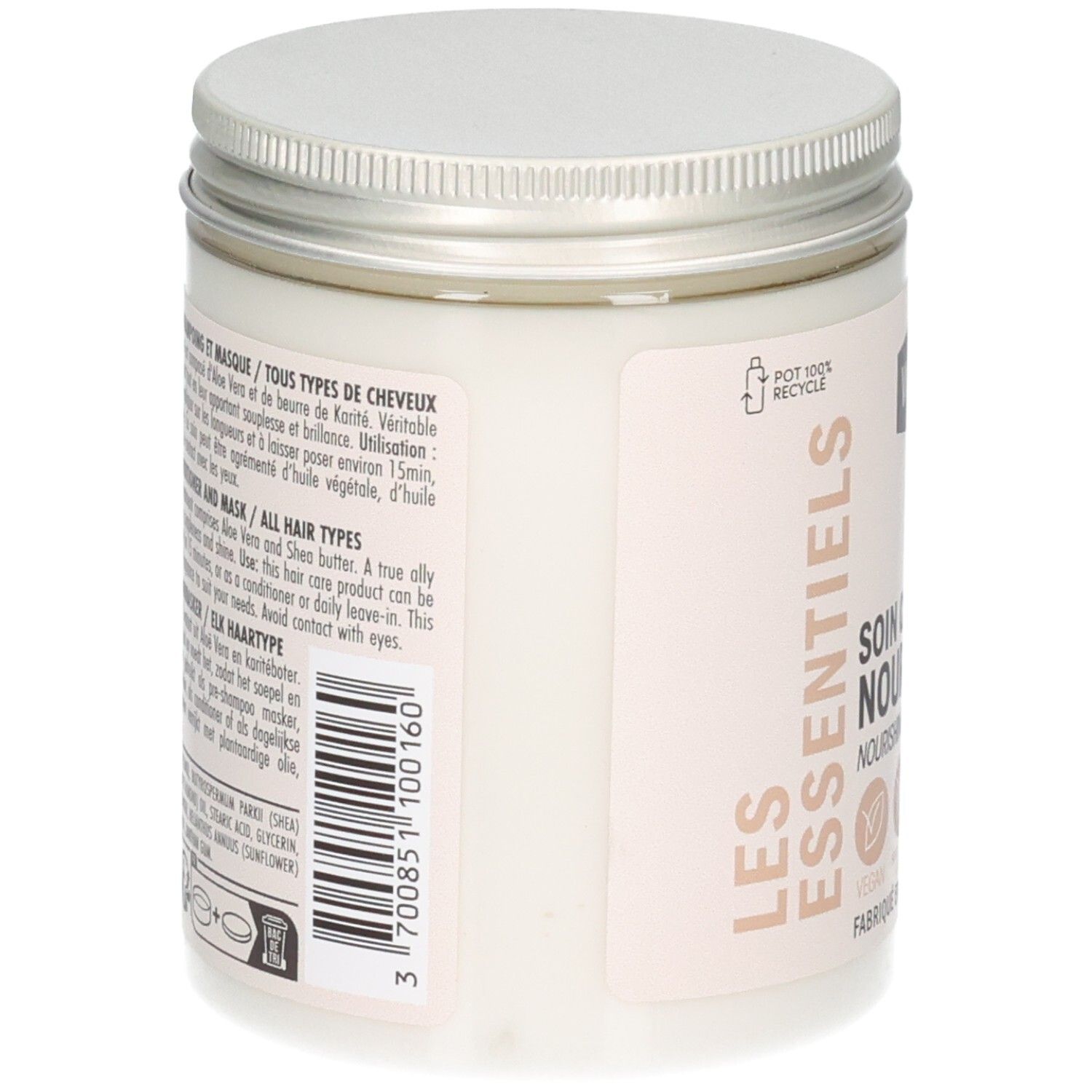 Arrière d'un pot blanc de Waam Soin Capillaire Nourrissant. Contient des informations sur les ingrédients et l'utilisation.