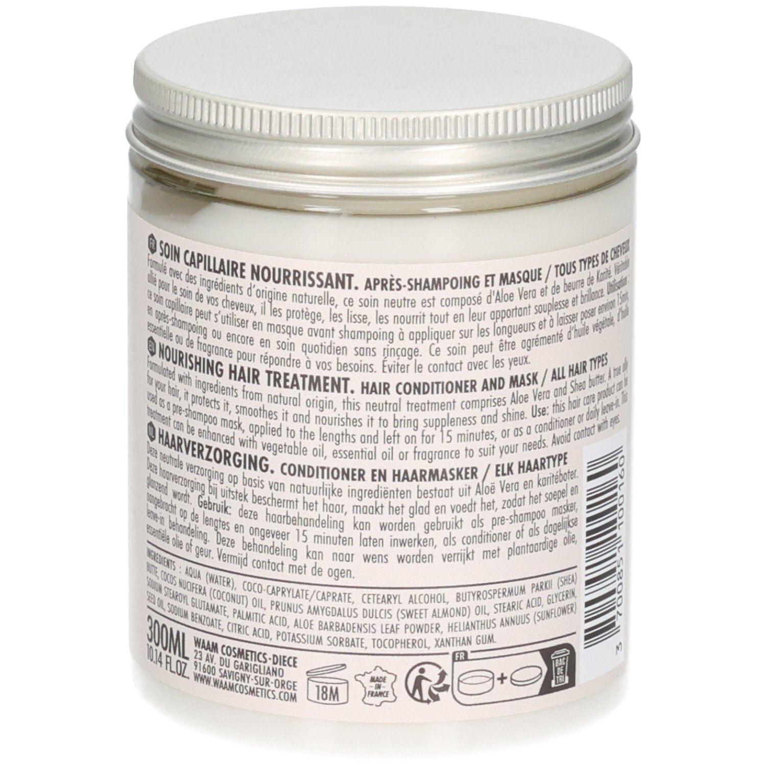 Arrière d'un pot blanc de Waam Soin Capillaire Nourrissant. Contient des informations sur les ingrédients et l'utilisation.