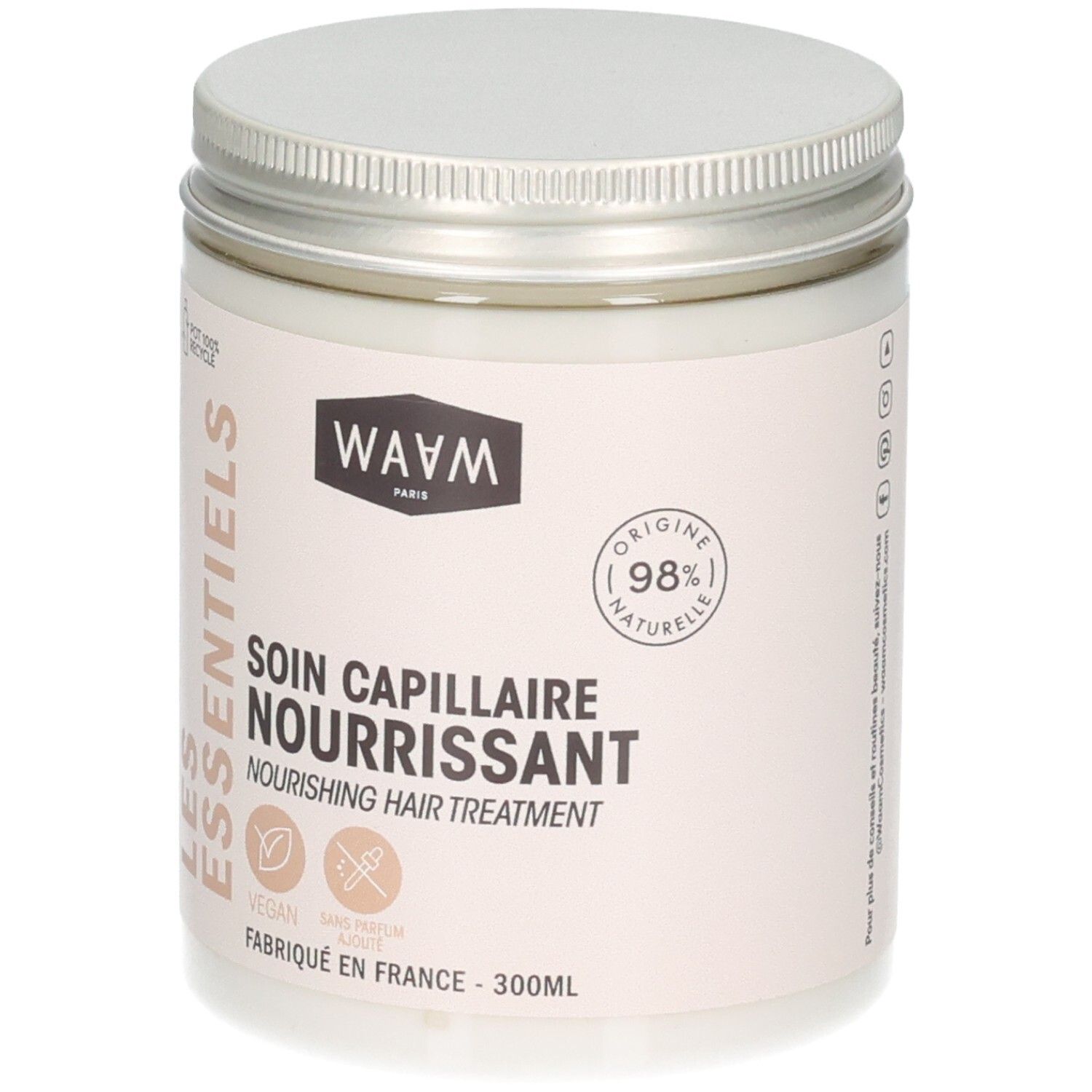Waam Soin Capillaire Nourrissant dans un pot blanc avec couvercle argenté. Contient 98% d'ingrédients naturels.