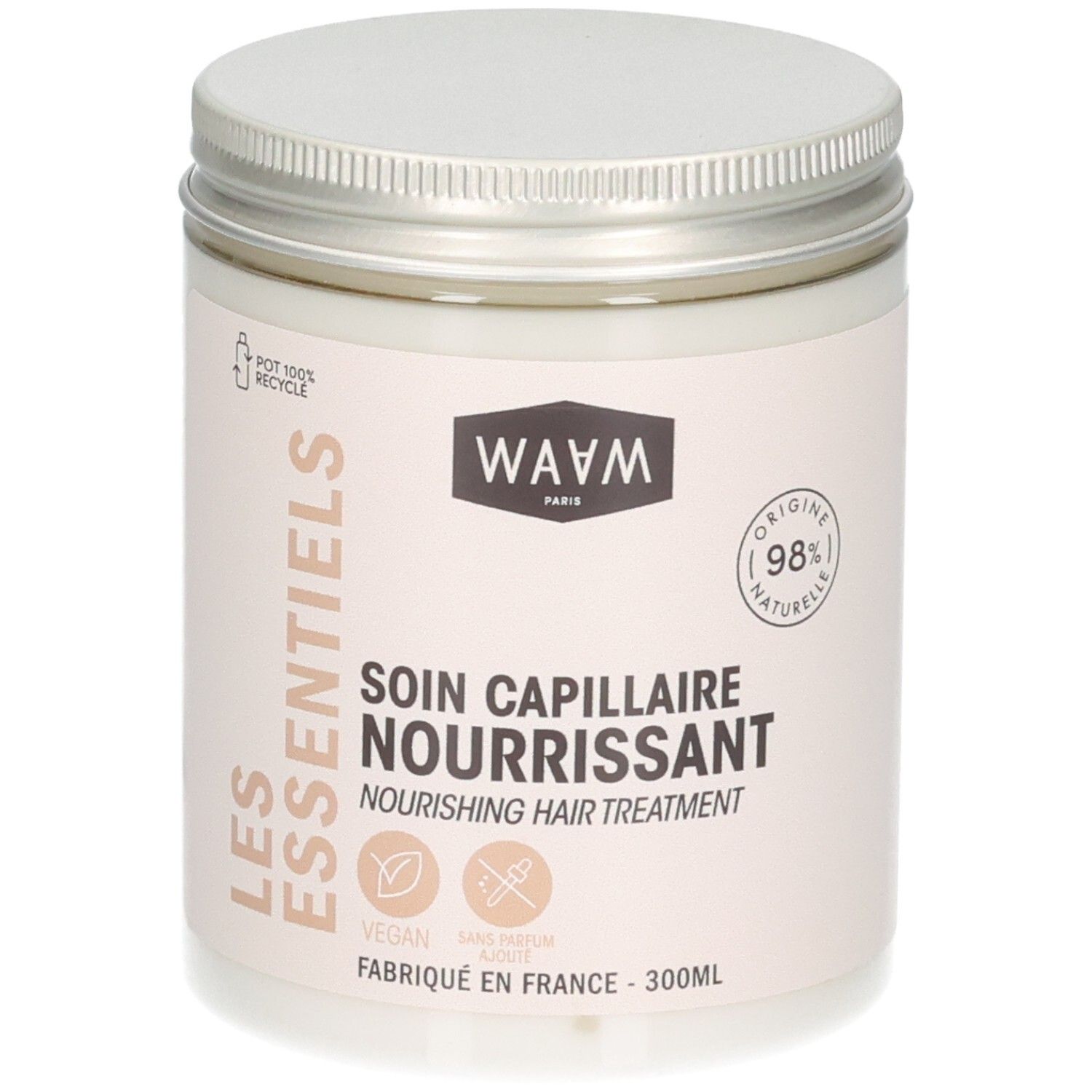 Waam Soin Capillaire Nourrissant dans un pot blanc avec couvercle argenté. Contient 98% d'ingrédients naturels.