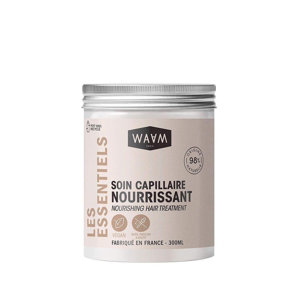 Waam Soin Capillaire Nourrissant dans un pot blanc avec couvercle argenté. Contient 98% d'ingrédients naturels.