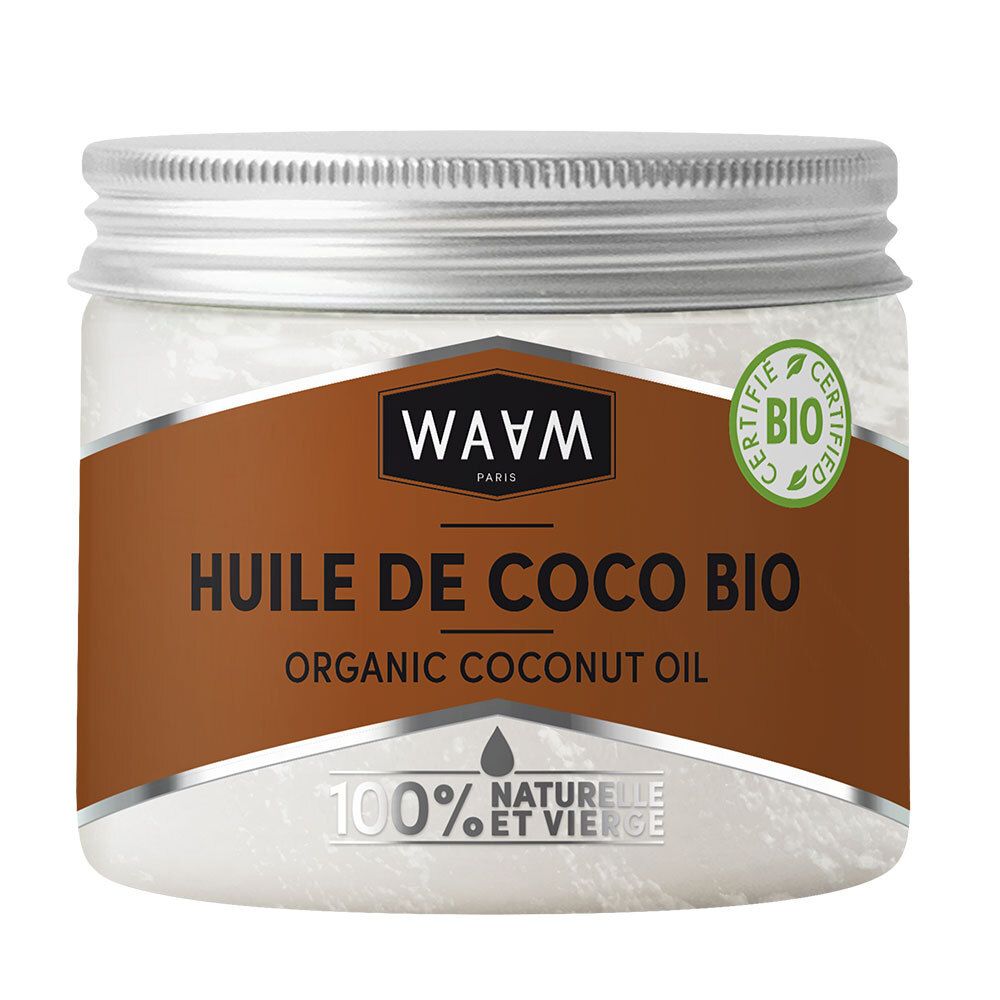 Huile de coco bio WAAM en pot en verre avec couvercle argenté. Étiquette certifiée BIO.
