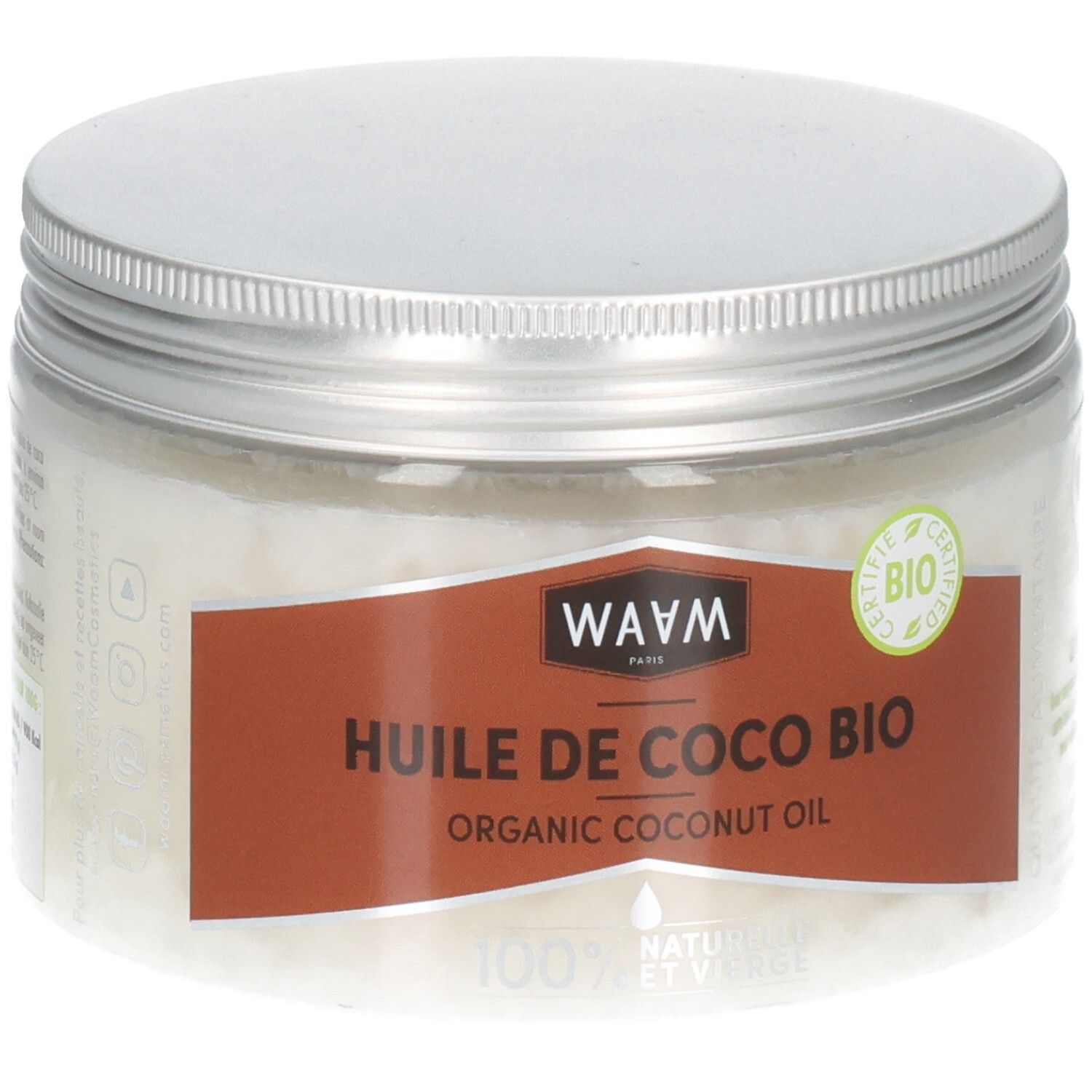 Huile de coco bio WAAM, pot en verre avec couvercle argenté. Étiquette avec certification BIO et informations produit.