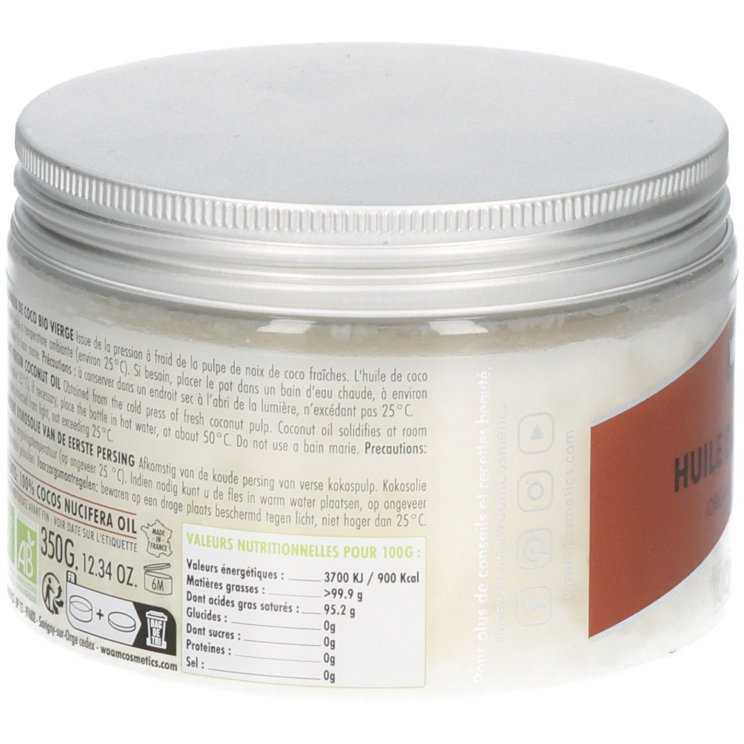 Arrière d'un pot d'huile de coco bio WAAM. Contient informations nutritionnelles et label BIO.