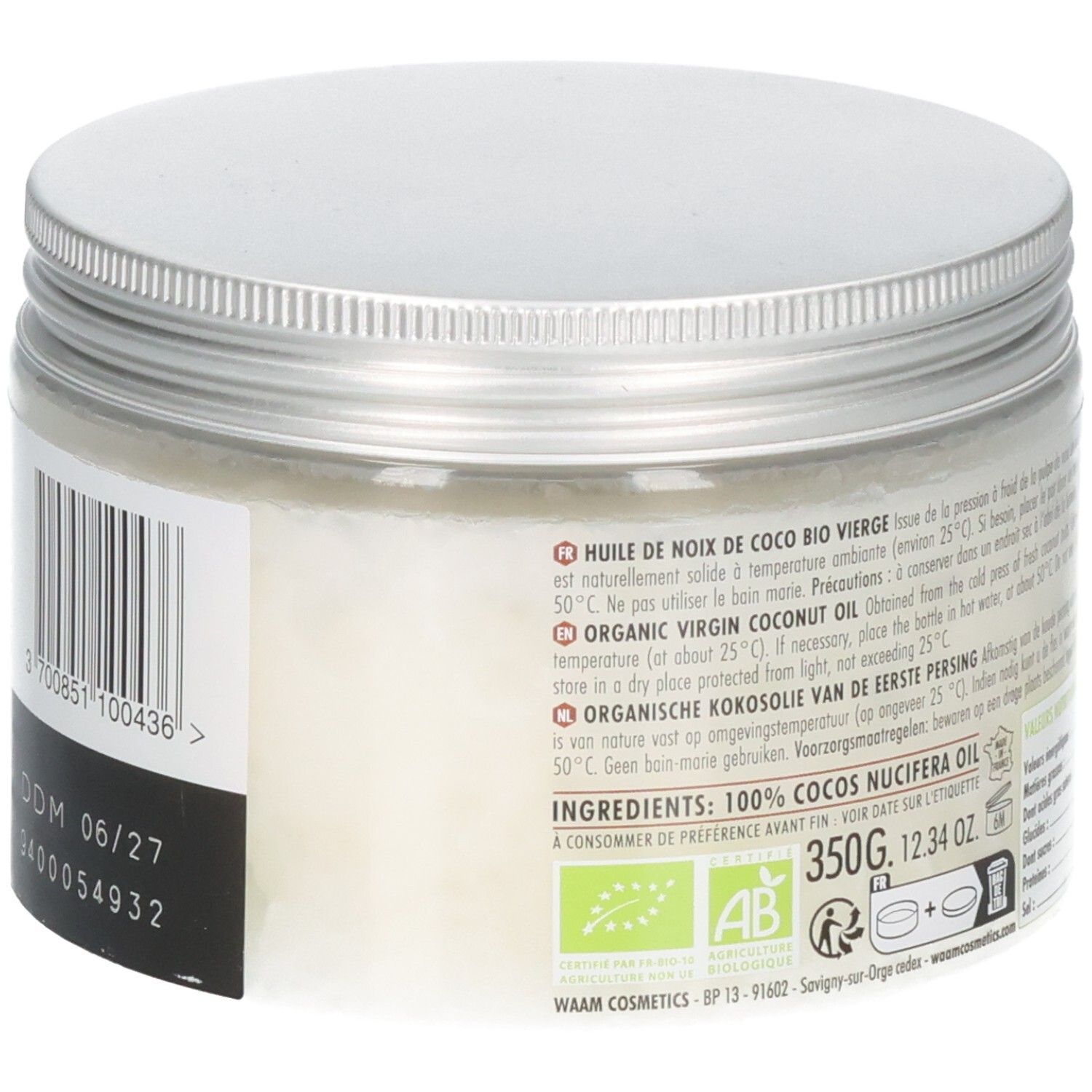 Huile de coco bio WAAM, pot en verre avec couvercle argenté. Arrière avec code-barres, date de péremption et label BIO.