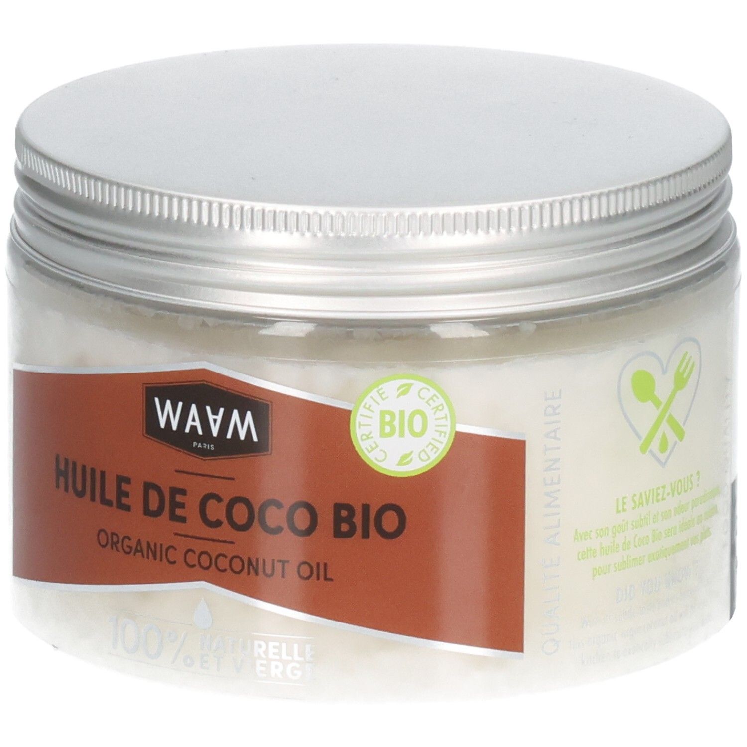 Huile de coco bio WAAM en pot en verre. Étiquette avec certification BIO et mention 'Qualité Alimentaire'.