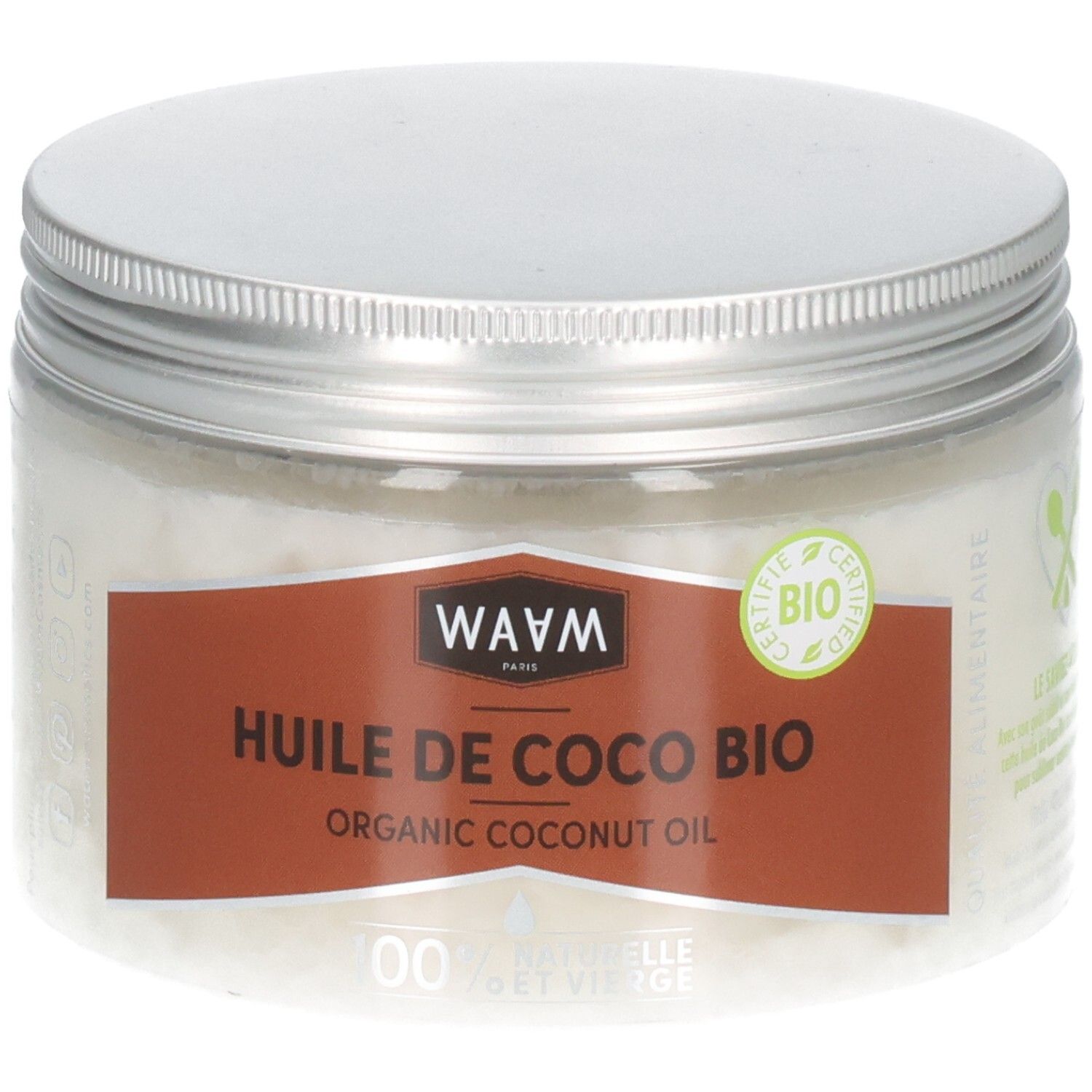 Huile de coco bio WAAM en pot en verre avec couvercle argenté. Étiquette avec certification BIO et '100% Naturelle et Vierge'.