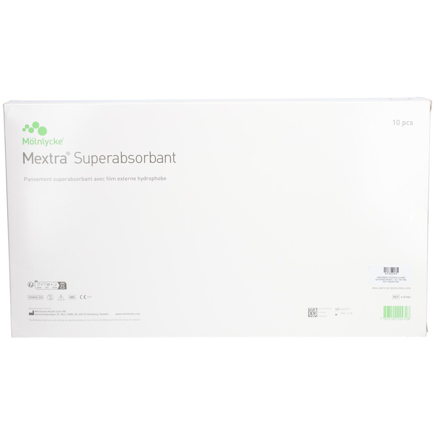Emballage blanc avec le nom du produit Mextra Superabsorbant. En haut à droite : 10 pièces. À gauche : logo Mölnlycke.