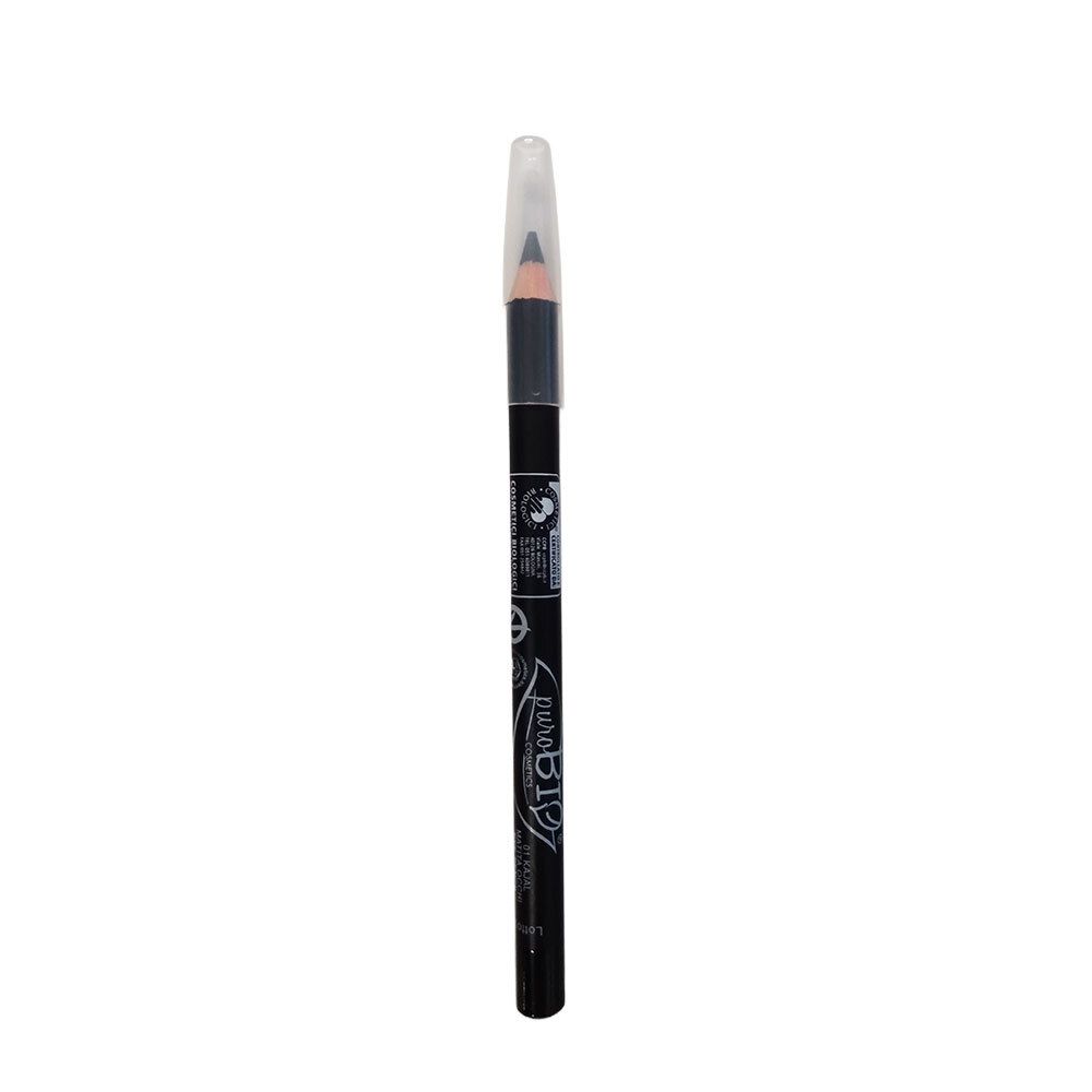 Crayon pour les yeux noir avec capuchon transparent. Inscription: Purobio. Certification bio.