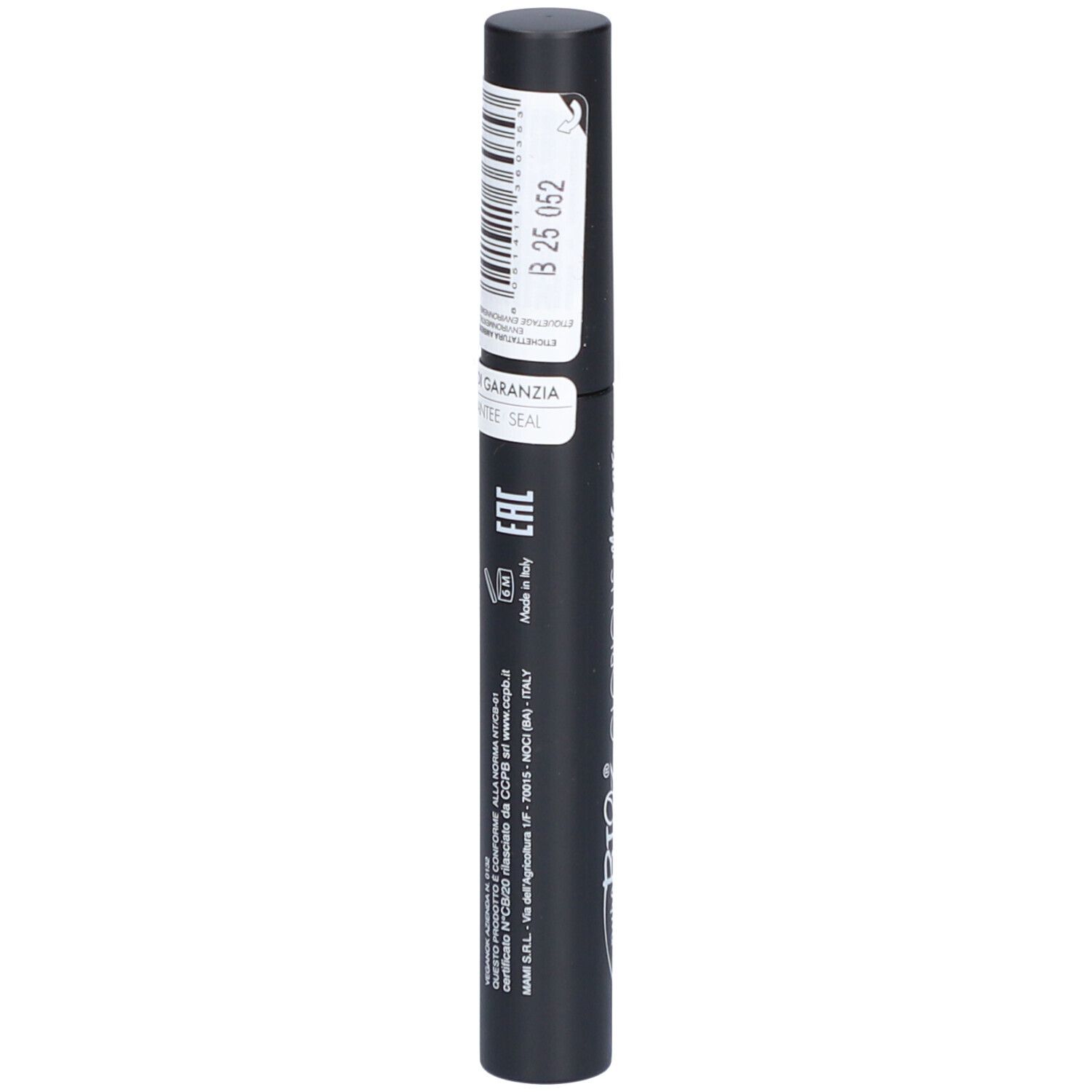 Brosse de mascara noire avec étiquette blanche. Inscription: Glorious Mascara, Ultra Black. Avec logo et texte.