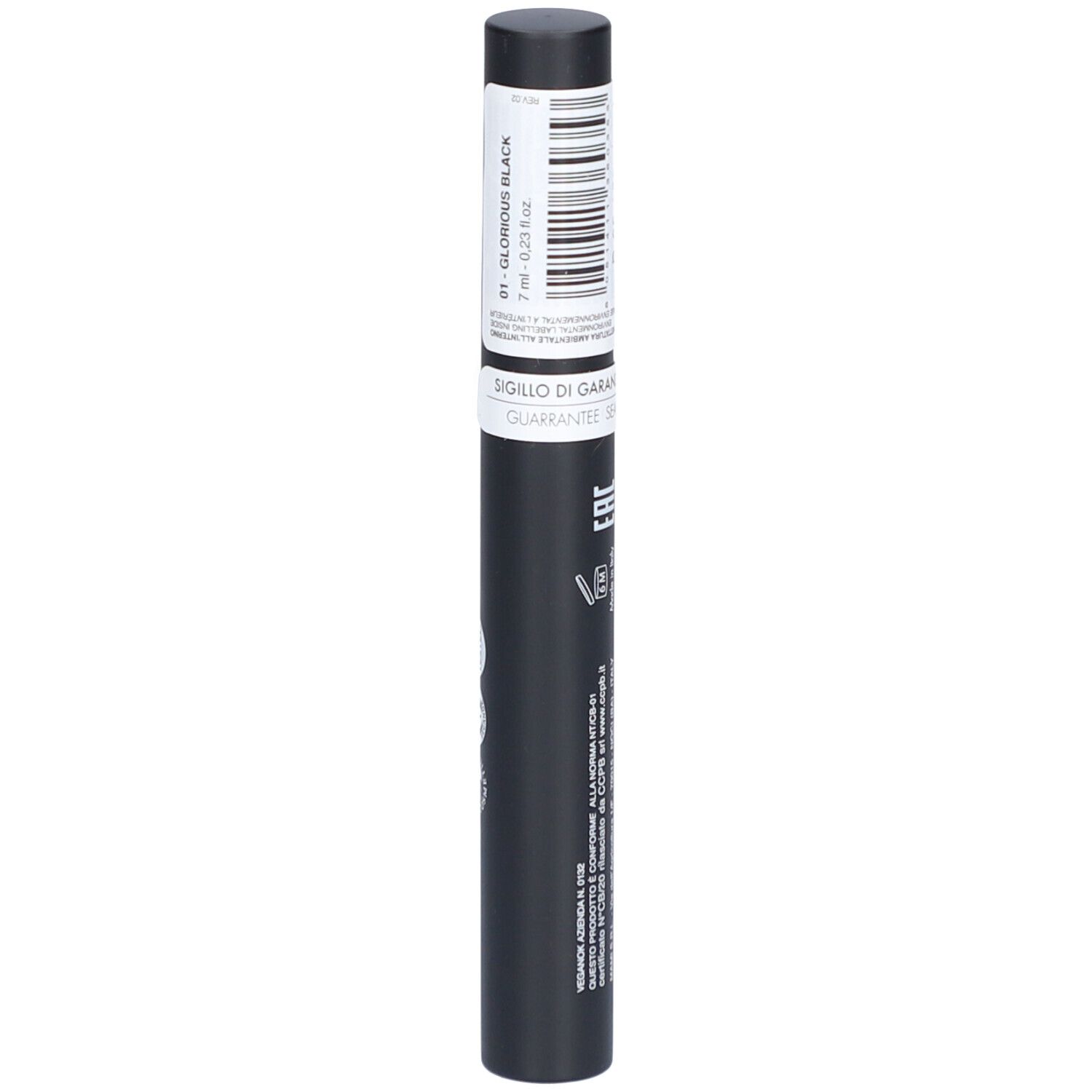 Brosse de mascara noire avec étiquette blanche. Inscription: Glorious Mascara, Ultra Black. Avec logo et texte.