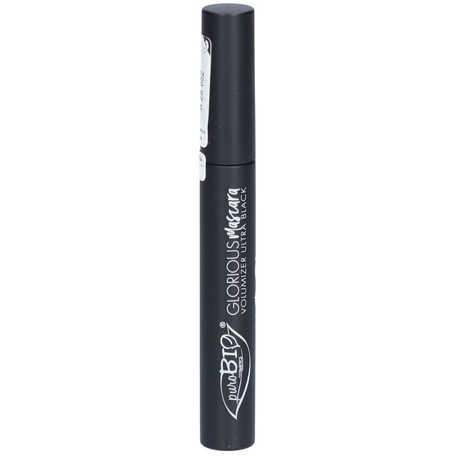 Brosse de mascara noire avec inscription: Glorious Mascara, Ultra Black. Avec logo et texte. Emballage du produit.