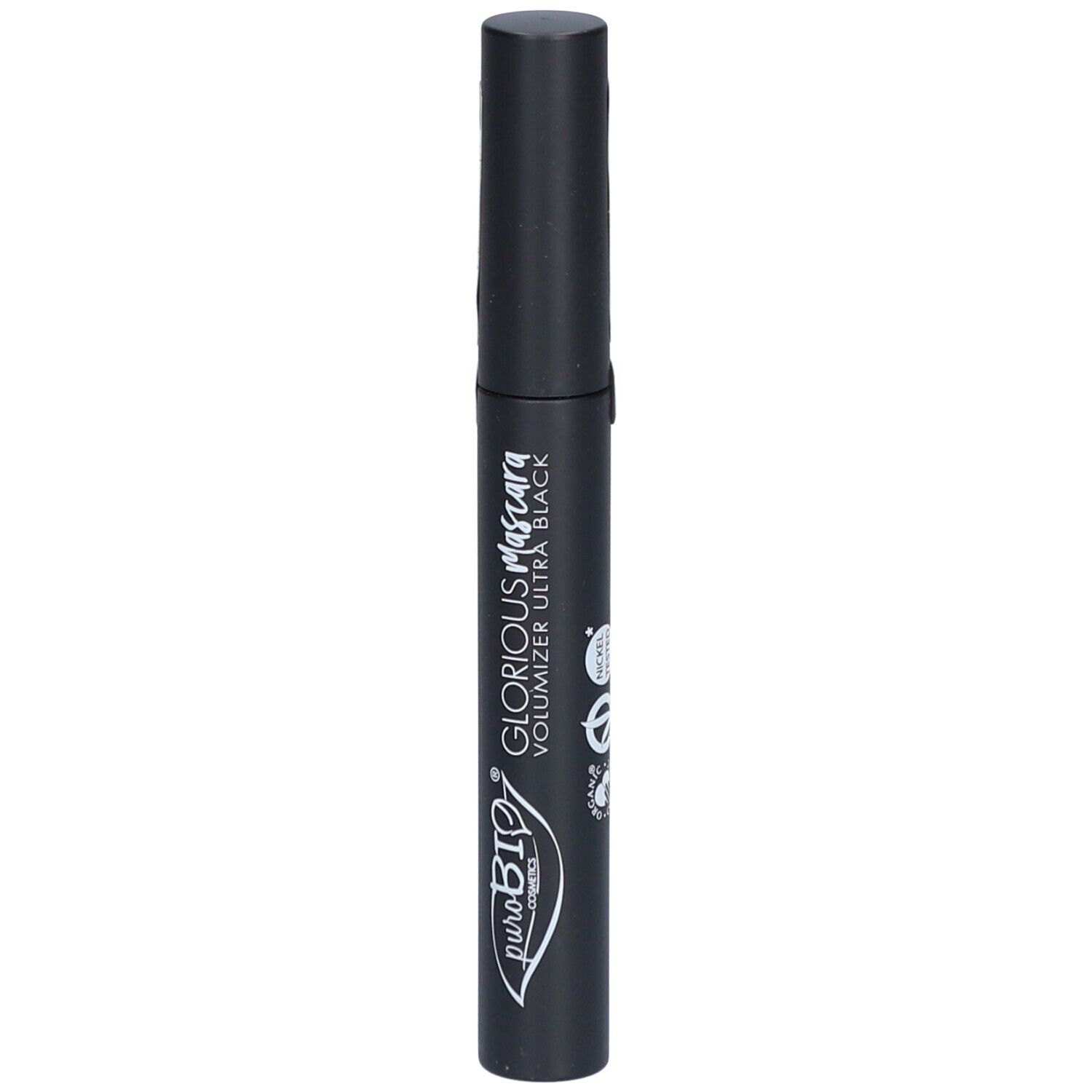 Brosse de mascara noire avec inscription: Glorious Mascara, Ultra Black. Avec logo et texte. Emballage du produit.