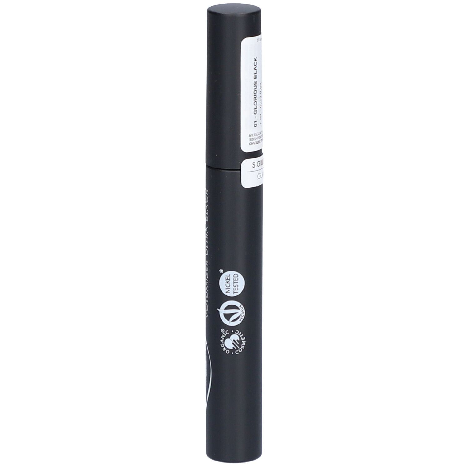 Brosse de mascara noire avec étiquette blanche. Inscription: Glorious Mascara, Ultra Black. Avec logo et texte.