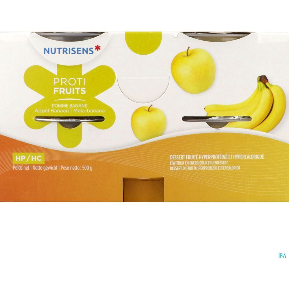 Emballage de quatre pots de dessert fruité. Inscription "Nutrisens Protifruits Pomme Banane". Illustrations de pommes et bananes.
