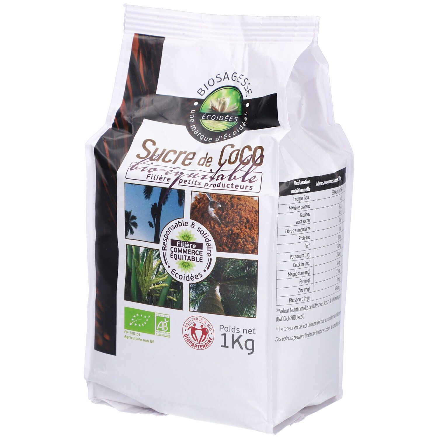 Paquet de ECOIDEES SUCRE COCO BIO. Inscription : Sucre de Coco bio-équitable. Labels bio et commerce équitable.