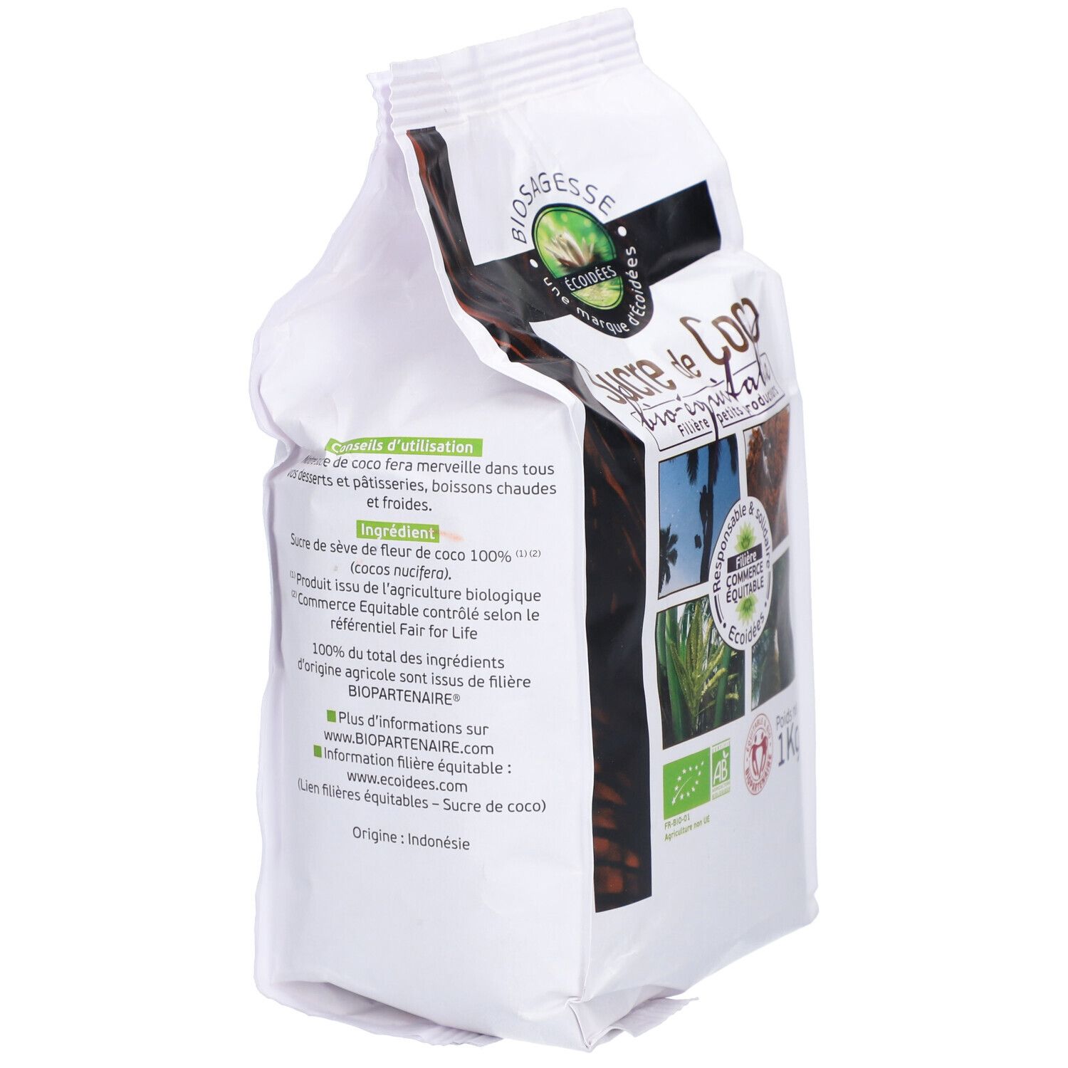 Dos du paquet de ECOIDEES SUCRE COCO BIO. Texte sur les ingrédients et l'origine. Logo commerce équitable.