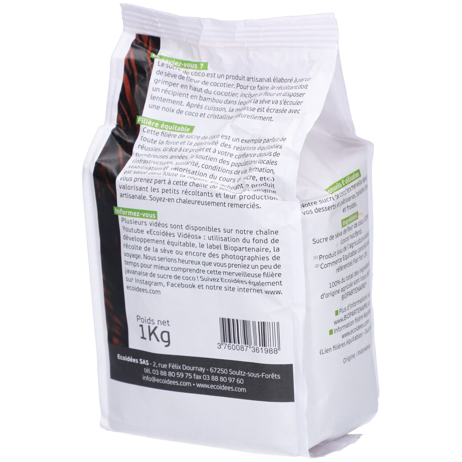 Dos du paquet de ECOIDEES SUCRE COCO BIO. Texte sur la fabrication et les vidéos. Poids net 1 kg.