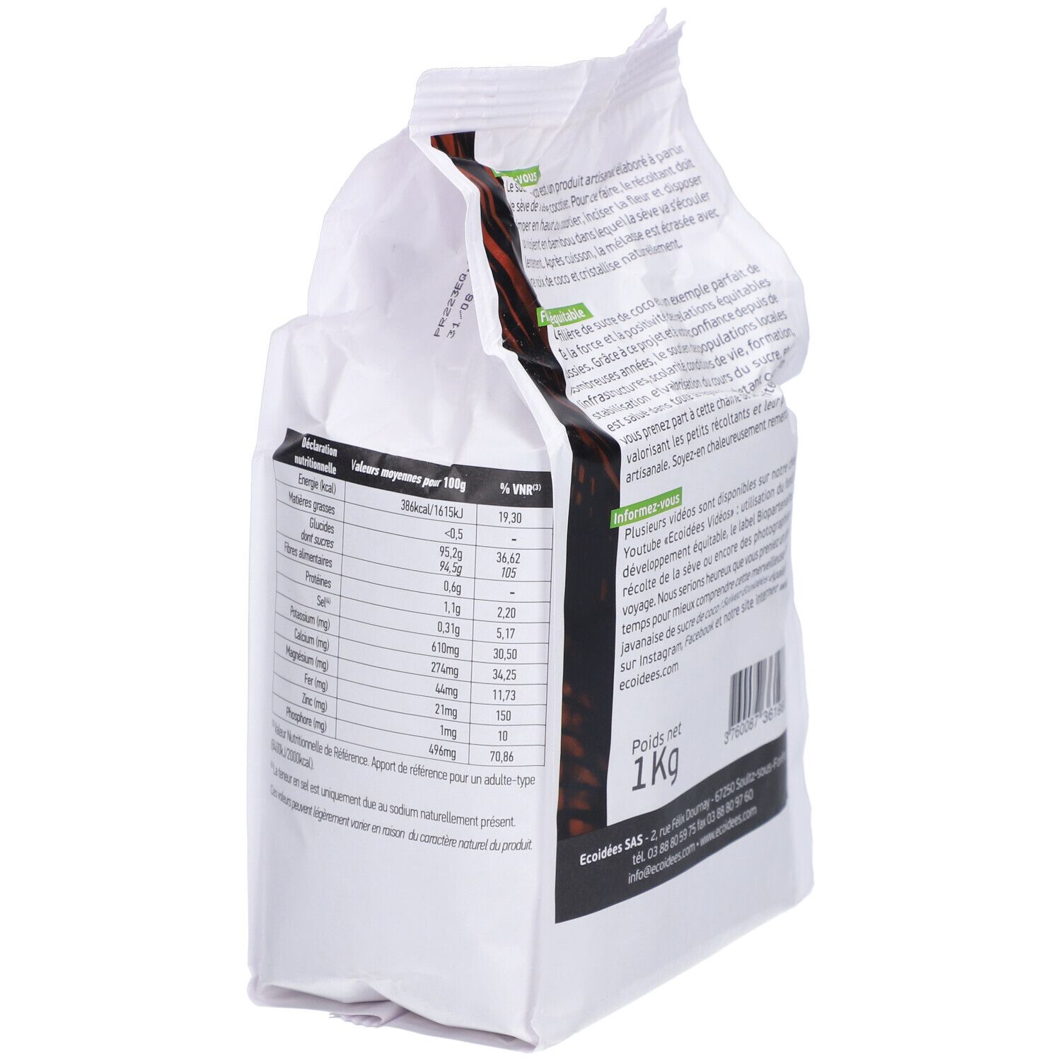 Dos du paquet de ECOIDEES SUCRE COCO BIO. Tableau nutritionnel. Poids net 1 kg.
