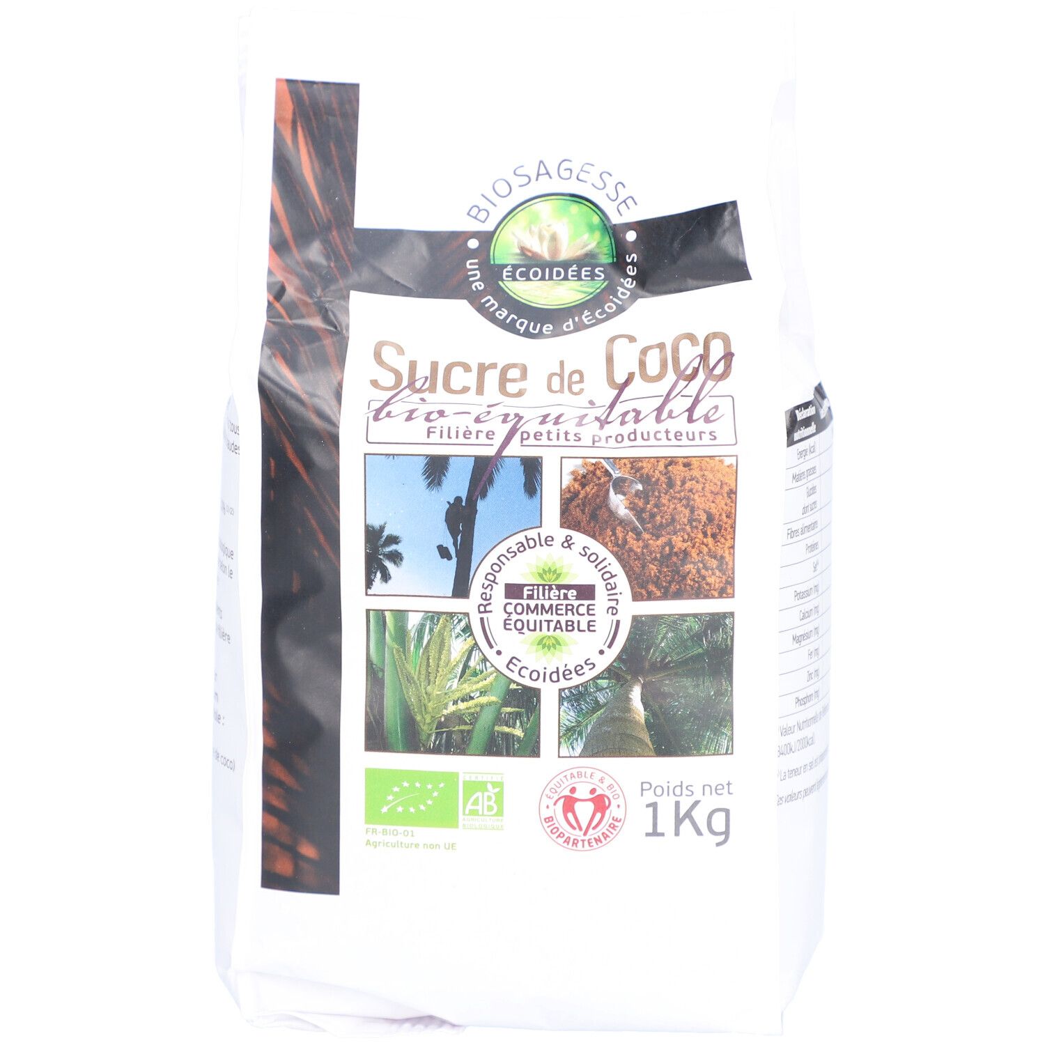 Paquet de ECOIDEES SUCRE COCO BIO. Inscription : Sucre de Coco bio-équitable. Labels bio et commerce équitable. 1 kg.