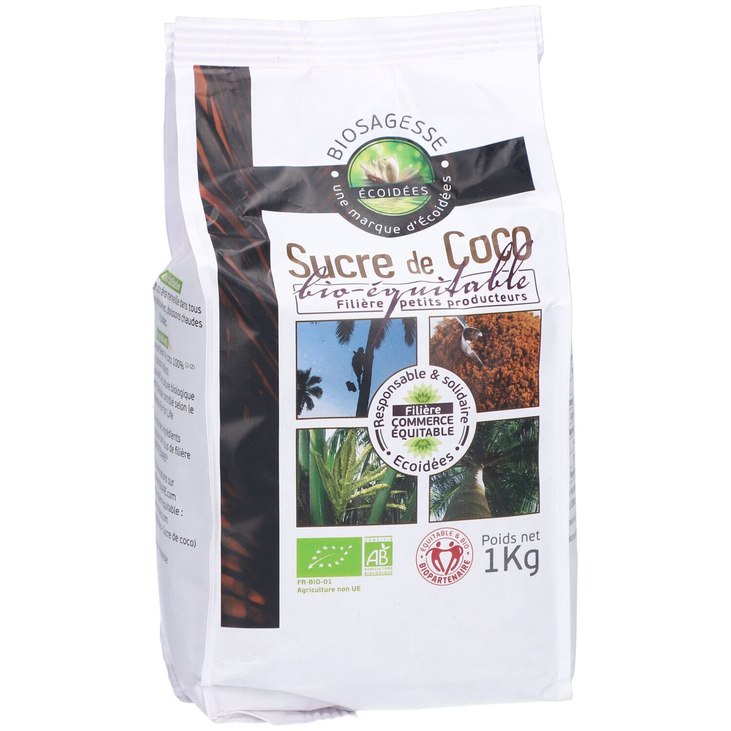 Paquet de ECOIDEES SUCRE COCO BIO. Inscription : Sucre de Coco bio-équitable. Labels bio et commerce équitable. 1 kg.